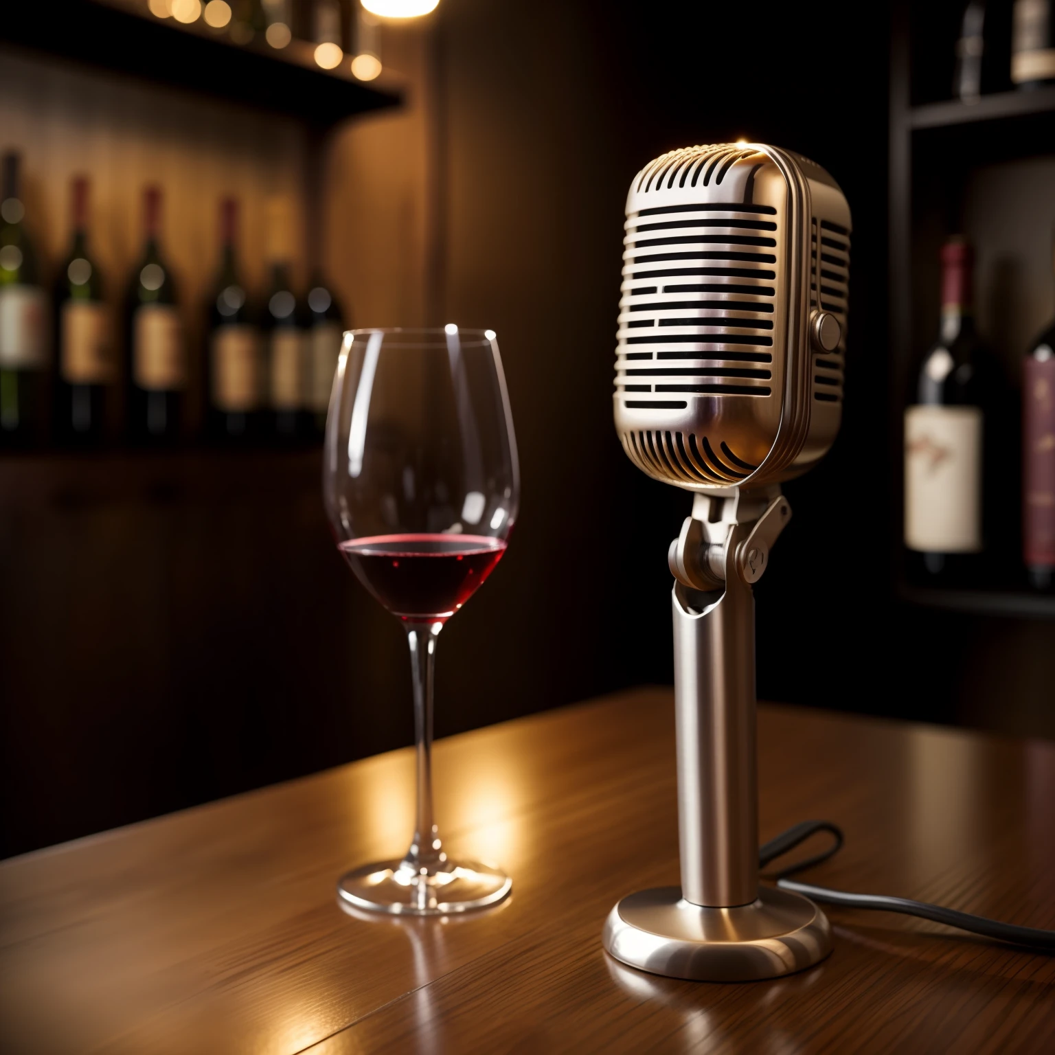 40s microphone next to a glass of wine, hiper realista