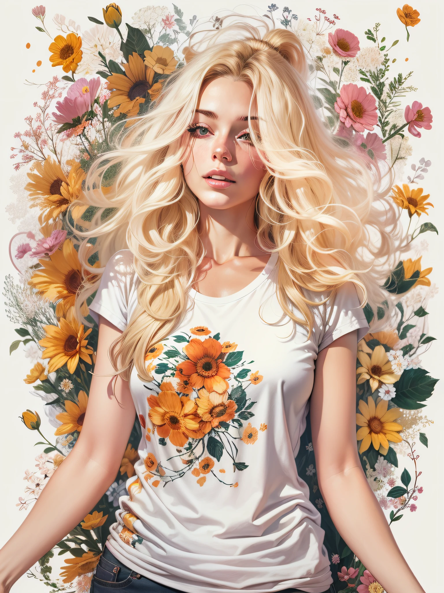 Blonde woman with long wavy hair, wearing top according to short flowers, with long black hair, surrounded by several flowers, realistic style image, Surrounded by Vector VibraPrint Ready t-shirt design, white background, side view, label, clean white background , professional vector, very high detail, t-shirt design, vibrant.