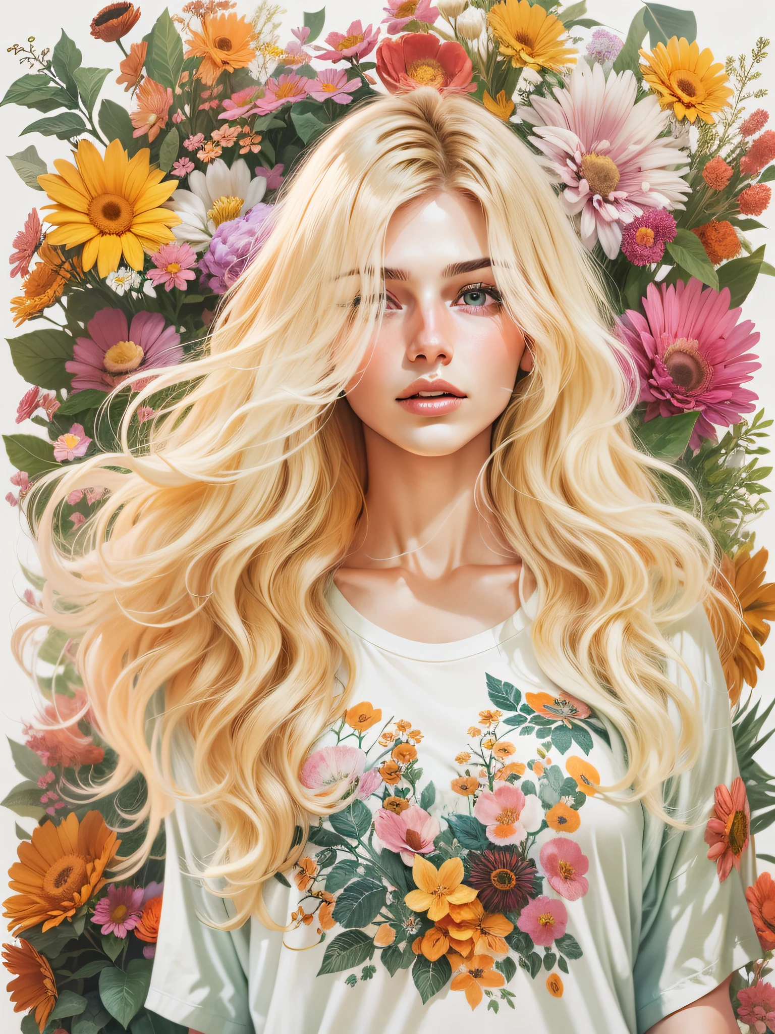 Blonde woman with long wavy hair, wearing top according to short flowers, with long black hair, surrounded by several flowers, realistic style image, Surrounded by Vector VibraPrint Ready t-shirt design, white background, side view, label, clean white background , professional vector, very high detail, t-shirt design, vibrant.