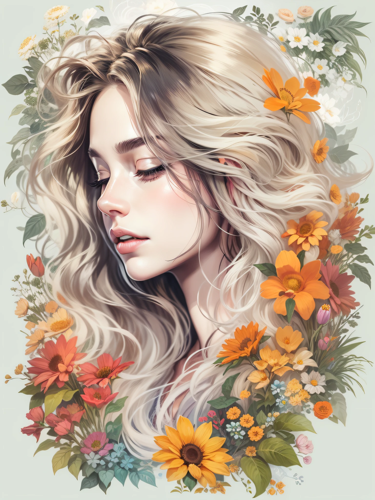Blonde woman with long wavy hair, wearing top according to short flowers, with long black hair, surrounded by several flowers, realistic style image, Surrounded by Vector VibraPrint Ready t-shirt design, white background, side view, label, clean white background , professional vector, very high detail, t-shirt design, vibrant.