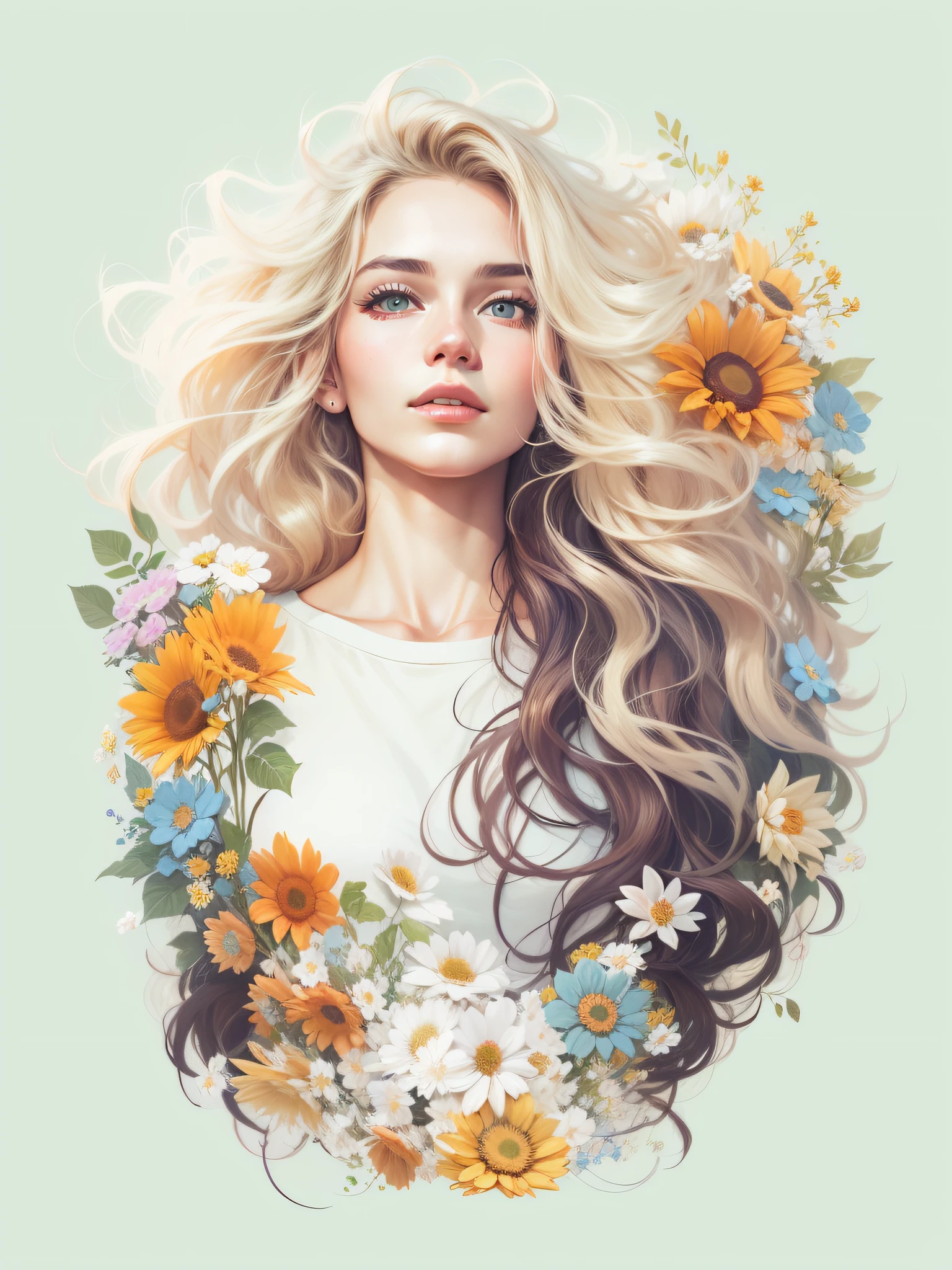 Blonde woman with long wavy hair, wearing top according to short flowers, with long black hair, surrounded by several flowers, realistic style image, Surrounded by Vector VibraPrint Ready t-shirt design, white background, side view, label, clean white background , professional vector, very high detail, t-shirt design, vibrant.