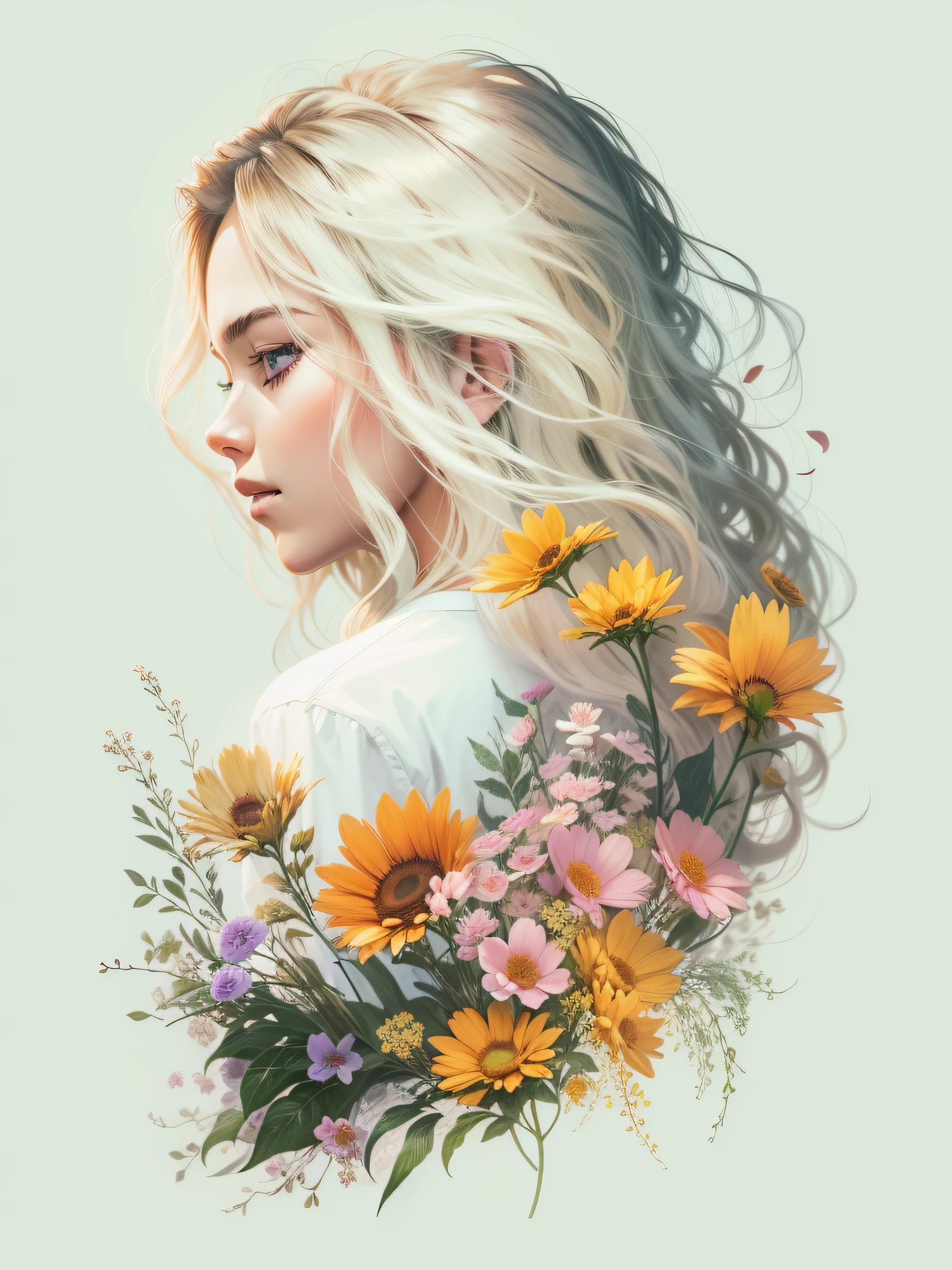 Blonde woman with long wavy hair, wearing top according to short flowers, with long black hair, surrounded by several flowers, realistic style image, Surrounded by Vector VibraPrint Ready t-shirt design, white background, side view, label, clean white background , professional vector, very high detail, t-shirt design, vibrant.
