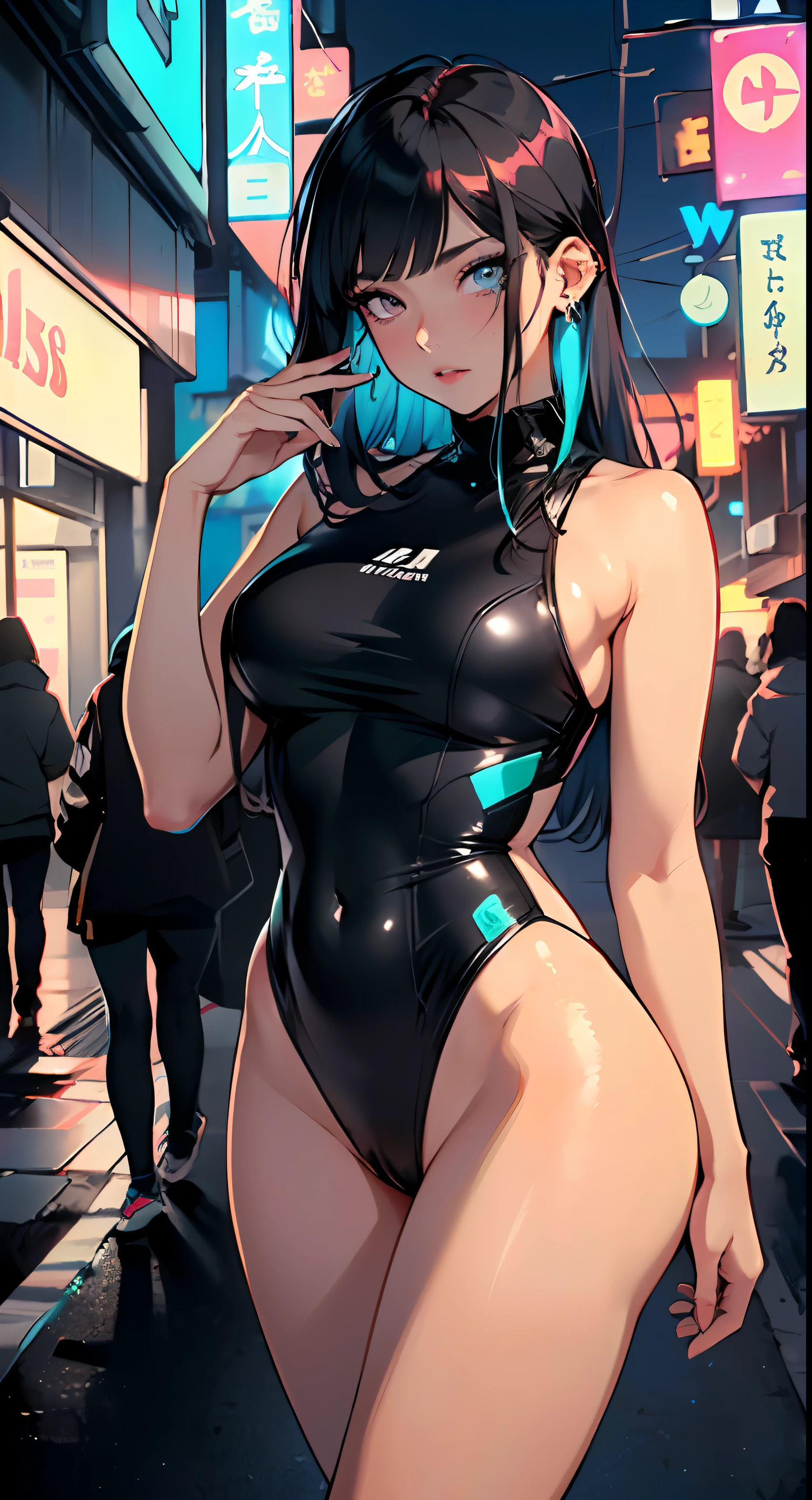 sporty girl with Asian features,(((1girl))),((anime girl with dark hair and turquoise highlights,extremely cute and beautiful walking seductively down the street)),

(large breasts:1.4),saggy breasts,(((Black hair with turquoise streaks:1.35,straight hair,long hair:1.4,colored inner hair,ear breathing))),((heterochromia,eye1 blue,eye2 turquoise,perfect eyes,upturned eyes:1.3,beautiful detailed eyes,finely detailed beautiful eyes:1,big highlight on eyes:1.2,slanted eyes)),((fat)),(((lustrous skin:1.5,bright skin: 1.5,skin tanned,shiny skin,very shiny skin,shiny body,plastic glitter skin,exaggerated shiny skin))),(spider lower abdomen,narrow waist,wide hip,athletic body,inflated legs,delicate detailed fingers,detailed body,detailed arms,human hands,(detailed face)),

cute,slutty,seductive,erotic,(((nsfw))),

((one-piece_swimsuit magenta)),(wearing a one-piece_swimsuit outfit:1.3),(detailed outfit,detailed clothes),

(dynamic pose:1.0),embarrassed,centered,scale to fit dimensions,Rule of thirds,

outdoors,((night view)),(very pretty city neon synthwave,cyberpunk night street Background:1.5,dark sky,thick clouds),future vehicles,((neon lights)),thick clouds,(cyberpunk style,neon lights, (synthwave theme background), lonely street),(((detailed background:1.25))),

(best quality),(high resolution),(sharp focus),(ultra detailed),(extremely detailed),(extremely high quality artwork),8k_wallpaper,(extremely detailed CG 8k),(very fine 8K CG),((hyper super ultra detailed perfect piece)),flawless,(((masterpiece))),illustration,vibrant colors,(intricate),High contrast,Selective lighting,Double exposure,HDR (High Dynamic Range),Post-processing,Background blur,