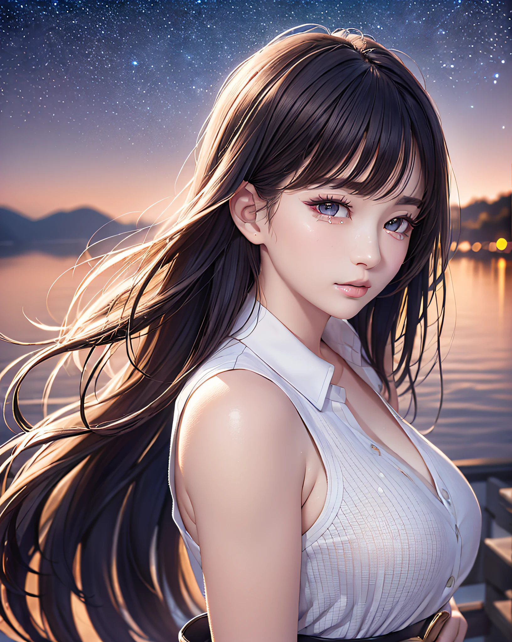 ((Realistic, Photorealistic: 1.37), (Masterpiece, Best Quality: 1.37), (Ultra High Resolution: 1.2), (RAW Photo: 1.2), (Sharp Focus: 1.3), (Face Focus: 1.2), (Ultra Detailed CG Unified 8k Wallpaper: 1.2), (Beautiful Skin: 1.2), (pale Skin: 1.3), (Hyper Sharp Focus: 1.5), (Ultra Sharp Focus: 1.5), ( Beautiful pretty face: 1.3), (Japanese actress face:1.3), (super detailed background, detail background: 1.3), (best quality:1.1), (masterpiece:1.2), high quality shadow, beautiful detailed, beautiful face, detailed eyes, depth of field, highres, best shadow, best illumination, BREAK, 1girl, solo, two-tone dress, purple eyes, long hair, green ribbon, dress, blue dress, belt, realistic, black hair, bangs, ribbon, looking at viewer, grey dress, school uniform, blue belt, neck ribbon, cosplay, blue ribbon, lips, upper body, blush, arms down, tier, tear drops, (crying:0.9), tearful, BREAK, under starry sky, starry sea, detailed beautiful and fantastic night lake backgournd, deep-fog, smoke, night time, dynamic angle ,