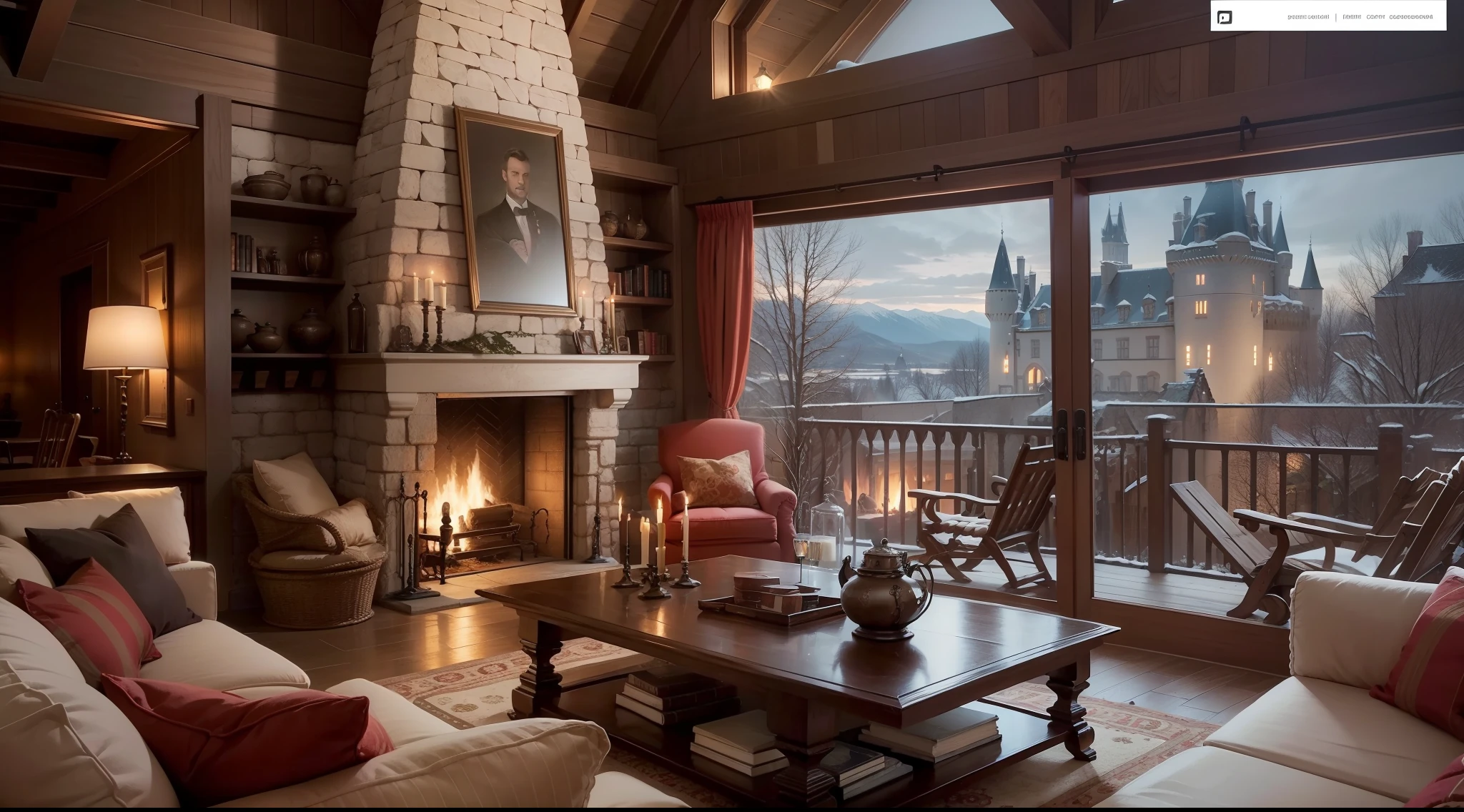 Arafed living room with a fireplace and a large window - SeaArt AI