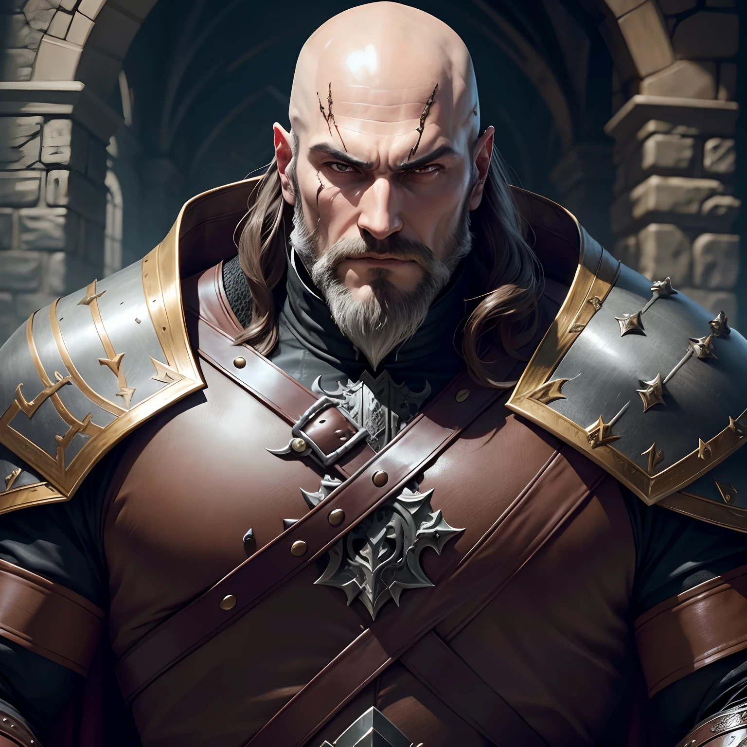 Castlevania Lord of the shadows bald beard handsome warrior full leather Armor Wear publicity hyper realistic super detailed