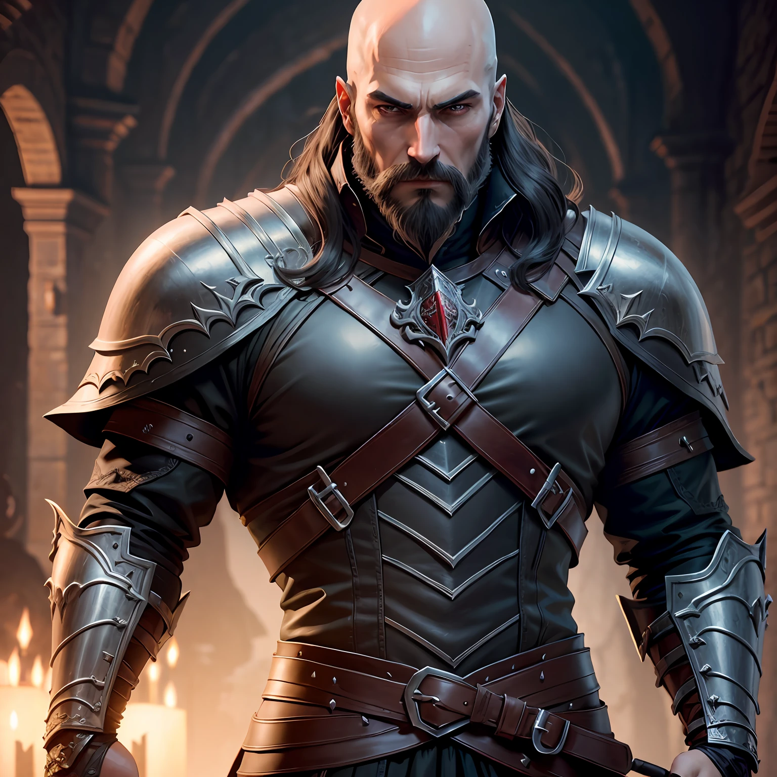 Castlevania Lord of the shadows bald beard handsome warrior full leather Armor Wear publicity hyper realistic super detailed