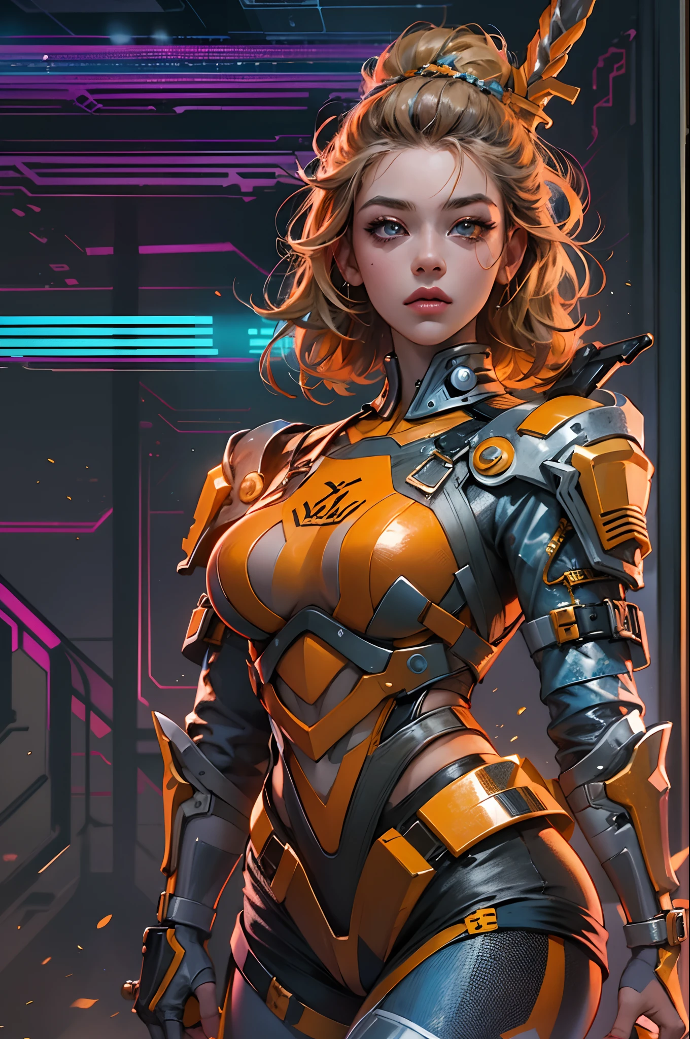 Princesa bonita, cyberpunk, vestida com armadura, Medium sized sword wielding, cabelo laranja curto, hiper realista, rosto bem detalhado, cores vivas, dramatic colors, vaporwave, retrowave, colorido, artódromo, extremamente detalhado, 2000k