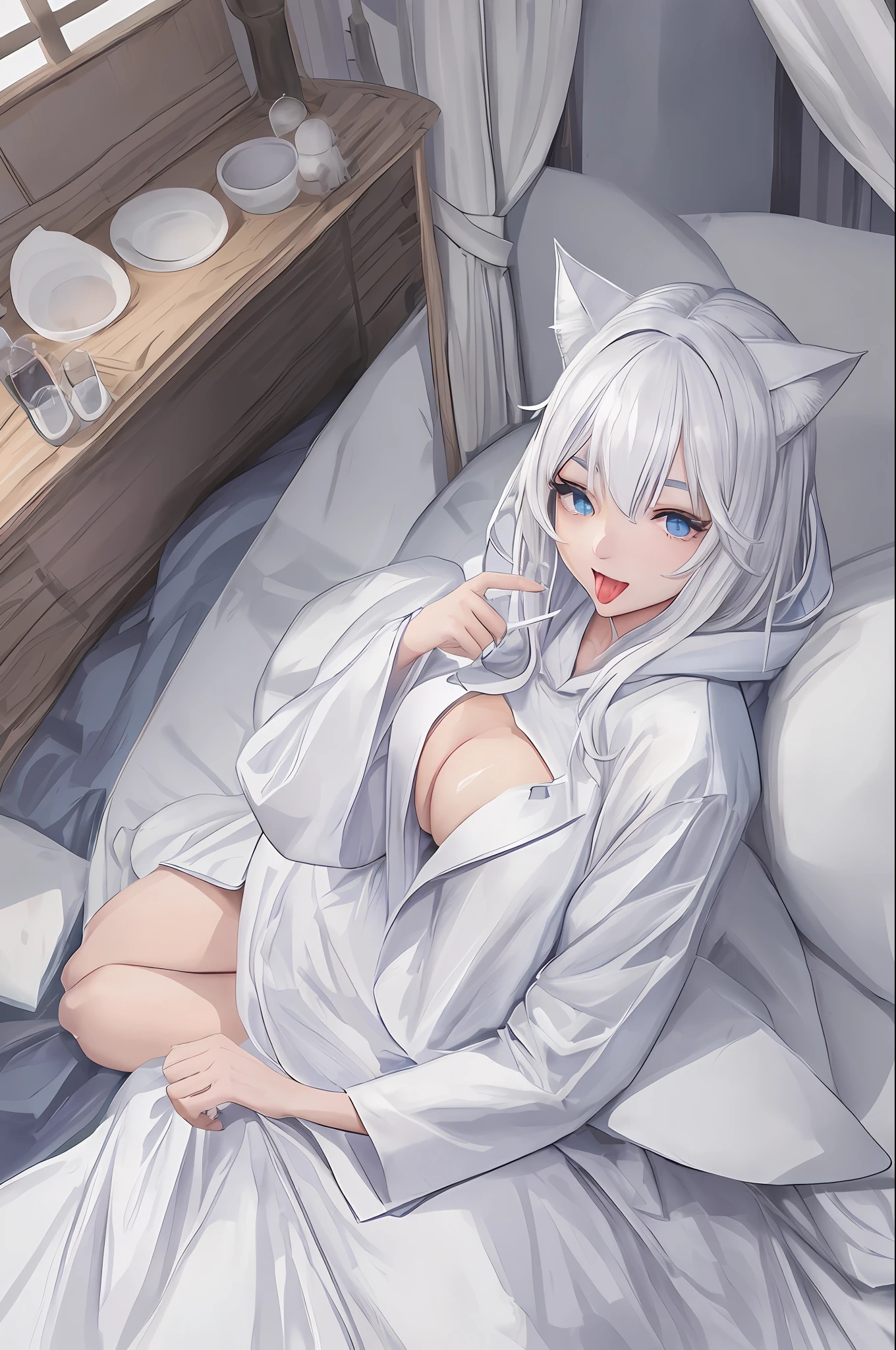 bright white hair、japanes、fair skin、White hoodie with cat ears、Beautuful Women、photos realistic、tongue-out、Light blue eyes、H-cup、White eyebrows、on the beds