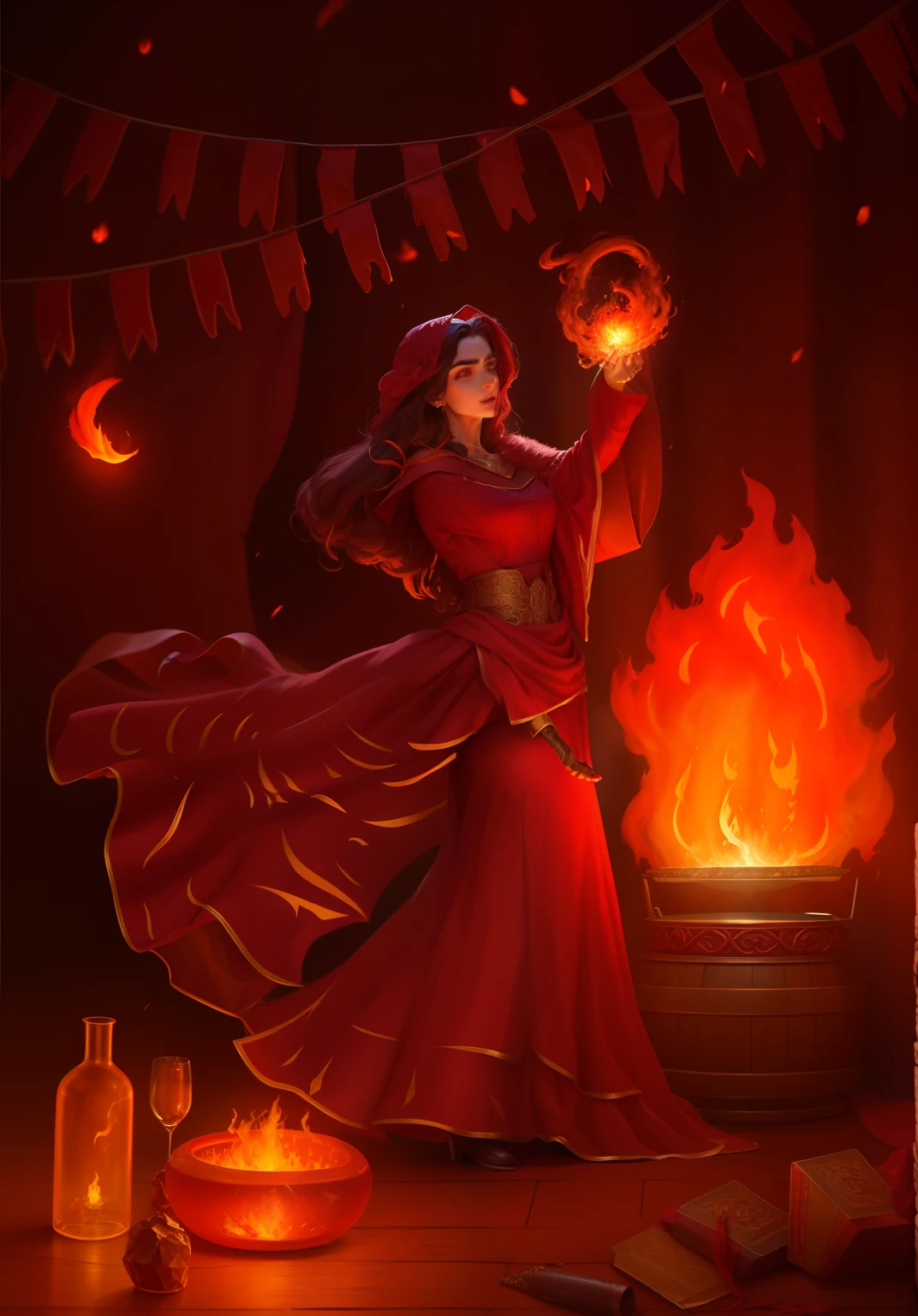 there is a woman in a red dress holding a glass of wine, the sorceress casting a fireball, mago de fogo, aparece como a deusa do fogo, fire spell, holy fire spell art, Deusa do fogo, A Rainha do Fogo, casting fire spell, deusa do fogo, A Deusa do Fogo, arte dnd fantsay, Maya Ali como um D&d feiticeiro