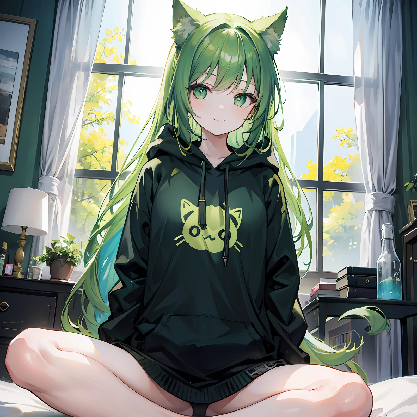 1girl, smiling, long green hair, black hoodie, cat ears, bottle green eyes, home, room, 8k, masterpiece, looking at viewer