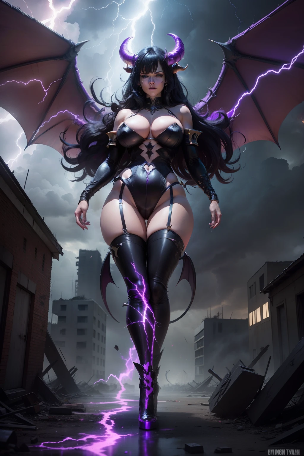 Lisa Ann as a hyper-giant, Hyper-powerful demon with a demon horn on its head and demon wings, and throws purple lightning bolts at a building, ville en ruine post apocalyptique,