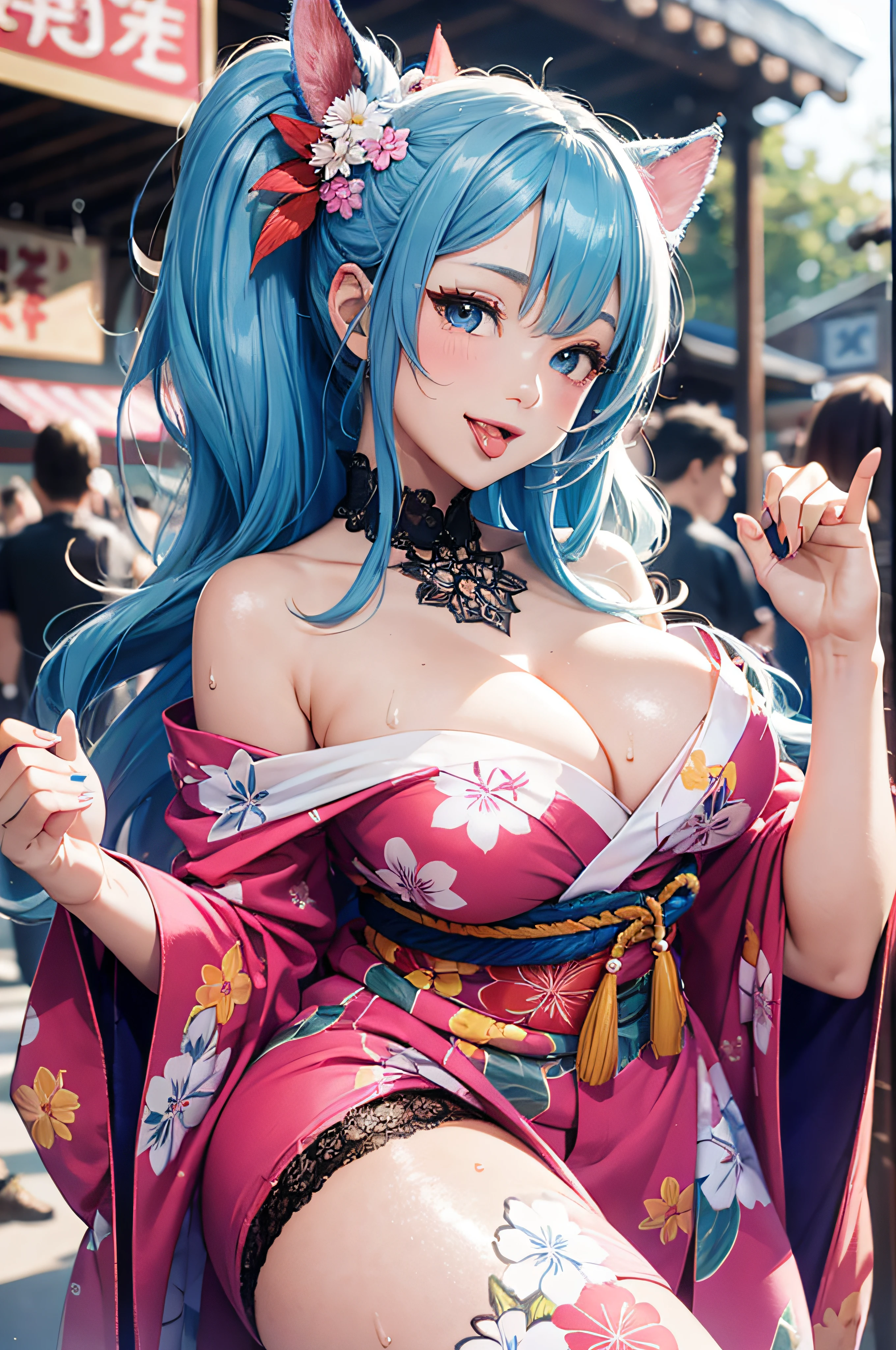 8K picture quality、top-quality、masutepiece、An ultra-high picture quality、ultra-detailliert、Ultra-realistic hair quality、Vibrant colors、Beautuful Women、Beautiful long hair、Shiny hair、detailed hairs、blue hairs、poneyTail、Blue eyes、shinny skin、Lace underwear、Very gigantic-breasts、Sweat on the forehead and cheeks、extremely big ass、Fluffy off-shoulder yukata、A smile、pink tongue、Ultra-realistic flesh feeling、Red cheeks、summer festival in background