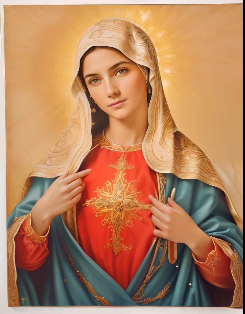 ((Blessed Virgin Mary. 19 years old))) ((( Con una cara seria y piadosa. Con una mirada dulce y tierna))) (obra maestra, calidad superior, mejor calidad, arte oficial, beautiful and aesthetic: 1.2), (1girl), extremadamente detallado, (Arte fractal: 1.3), colorido, highest detailed, Cara perfecta, parte superior del cuerpo, HDR, (orando: 1.3), (golden lines of white coat: 1.2), galaxia, (rayas de luz), eye-catching visuals, (dynamic stripes, senderos luminosos: 1.2), colores vibrantes,