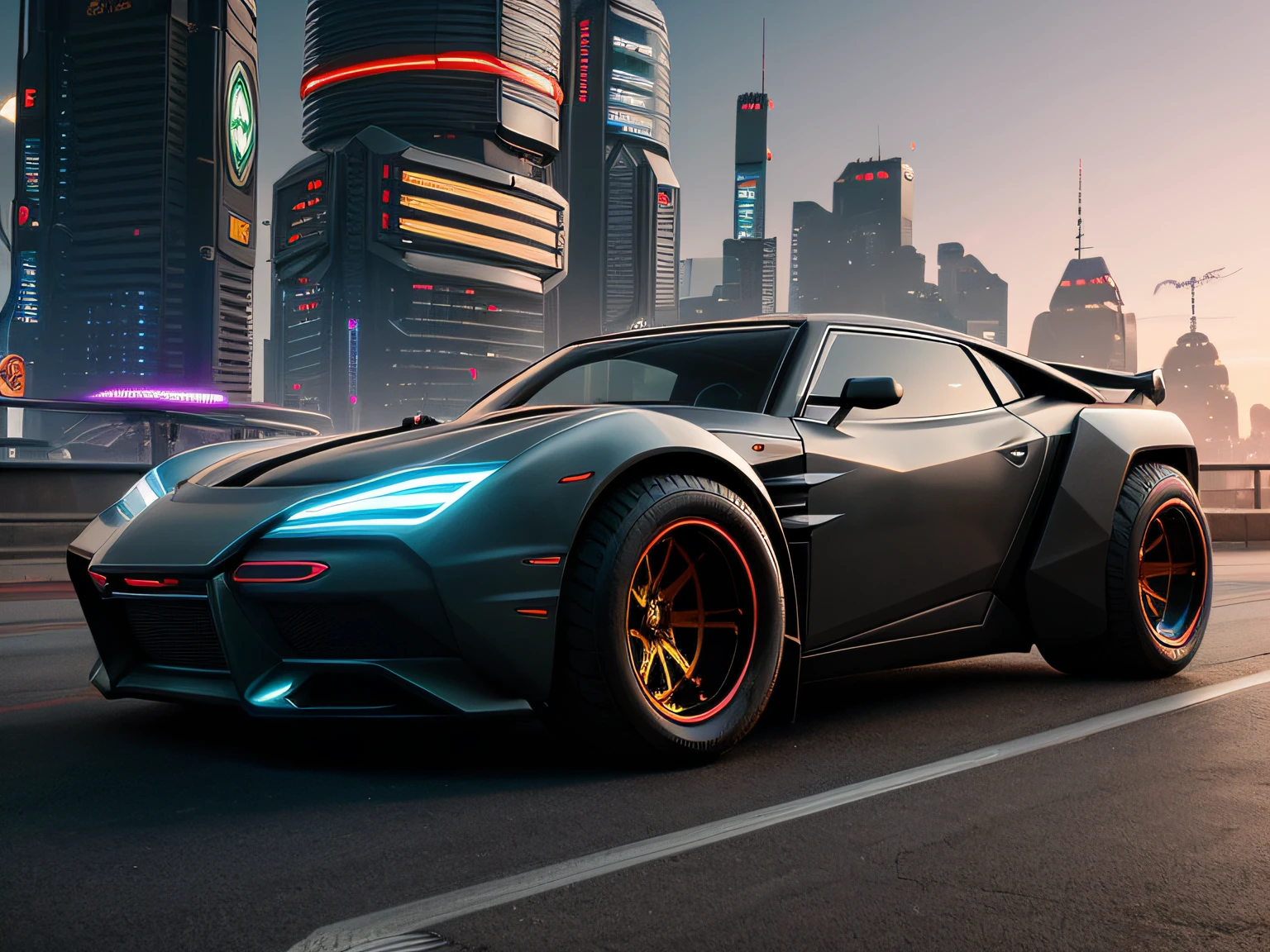 a 3/4 front view of ((futuristic cyberpunk hotrod zeekars)) (with glowing tires), next to ((gal gadot)), at the parking lot, sunset