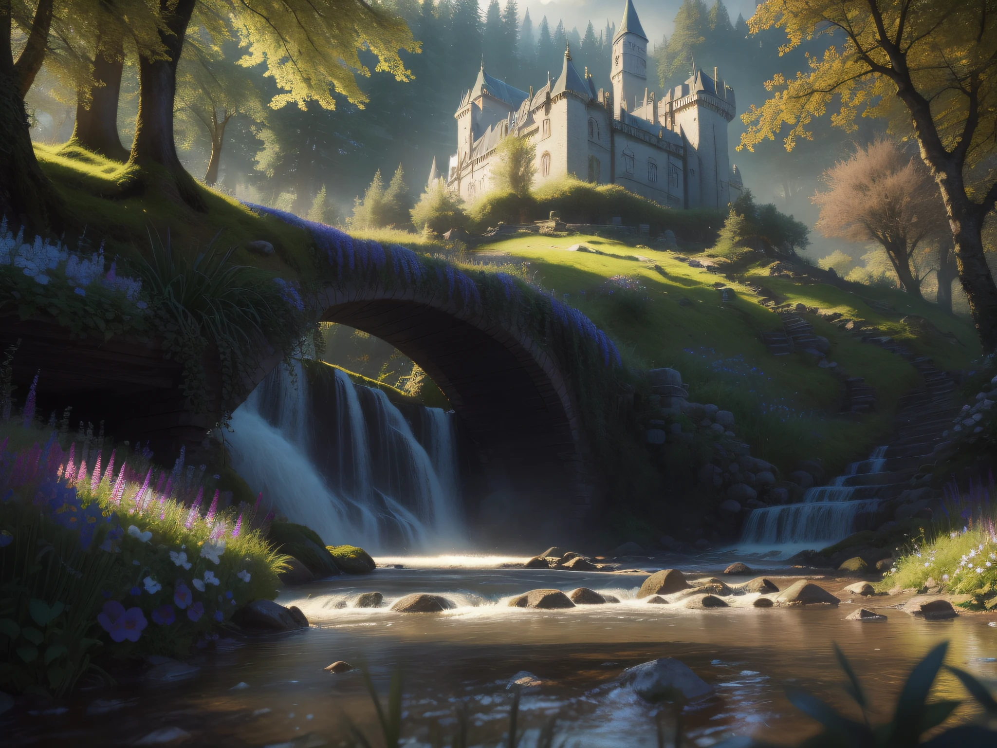 lush flowers, castle, forest, sunny day, bright, stream, trending on artstation, studio photo, intricate details, very highly detailed, 8k, by greg rutkowski chiaroscuro