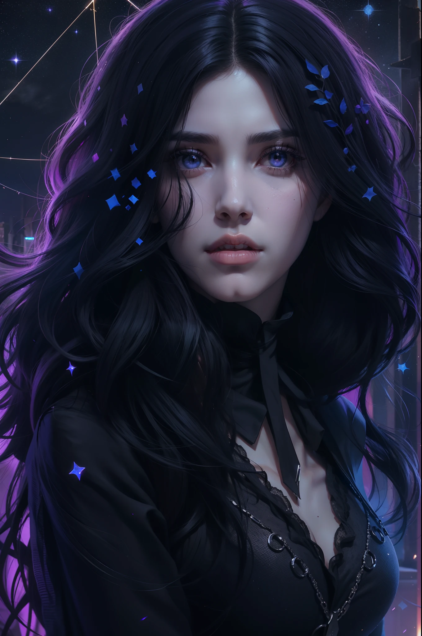Beautiful woman reminiscent of Yennefer from The Witcher with long black hair and violet eyes bright as constellations, obra prima, ultra qualidade, 8k, cabelos caindo sobre seus ombros, in the background a cemetery, She's wearing a black suit and tie..........