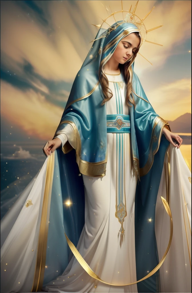 ((Blessed Virgin Mary. 19 years old))) ((( Con una cara seria y piadosa. Con una mirada dulce y tierna))) (obra maestra, calidad superior, mejor calidad, arte oficial, beautiful and aesthetic: 1.2), (1girl), extremadamente detallado, (Arte fractal: 1.3), colorido, highest detailed, Cara perfecta, parte superior del cuerpo, HDR, (orando: 1.3), (golden lines of white coat: 1.2), galaxia, (rayas de luz), eye-catching visuals, (dynamic stripes, senderos luminosos: 1.2), colores vibrantes,