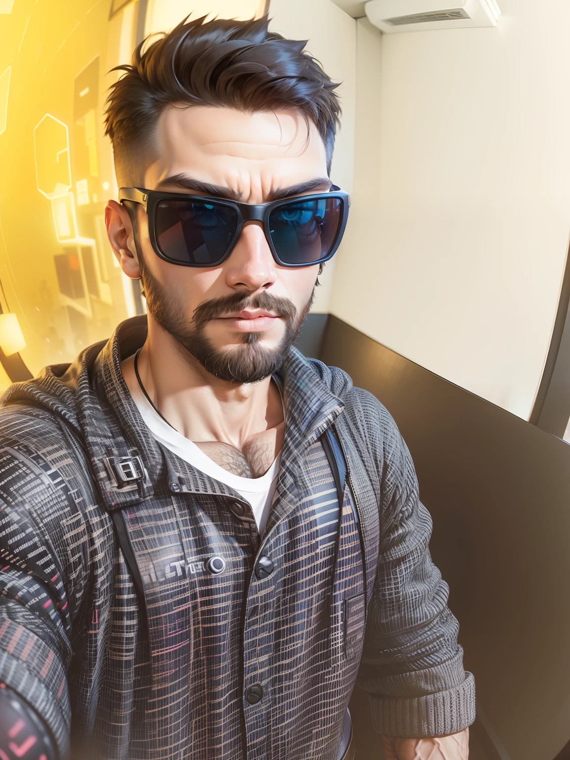 (masterpiece, best quality), 1boy, muscular, beard, cyberpunk, (blurry, bokeh, fisheye lens), night, looking at viewer, contrast, contrapposto, neon oversized jacket,
