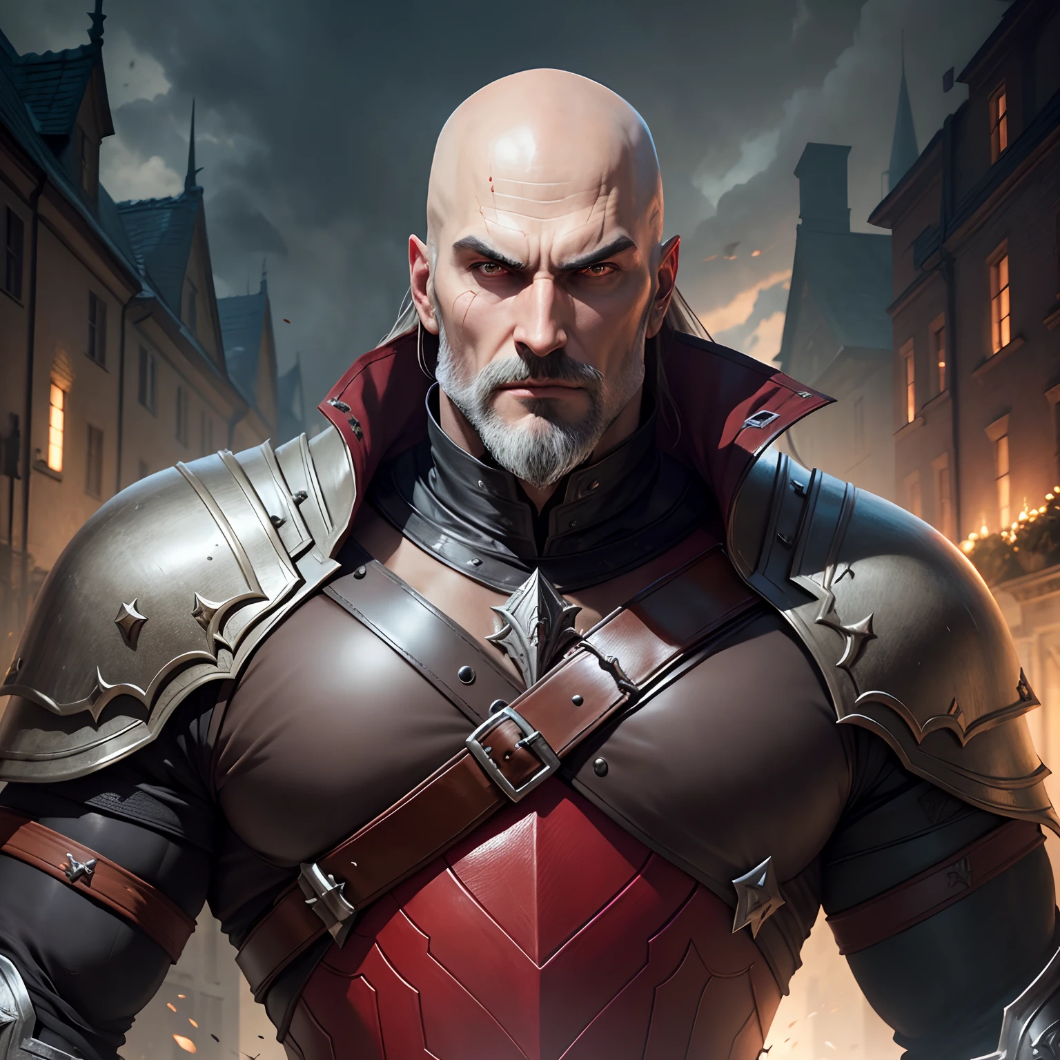 Castlevania Shadow Lord Bald Beard Handsome Warrior Full Leather Armor Porter Hyper Realistic Advertising Super Detailed Dynamic shot 3 Point Perspective Epic Legendary publicity