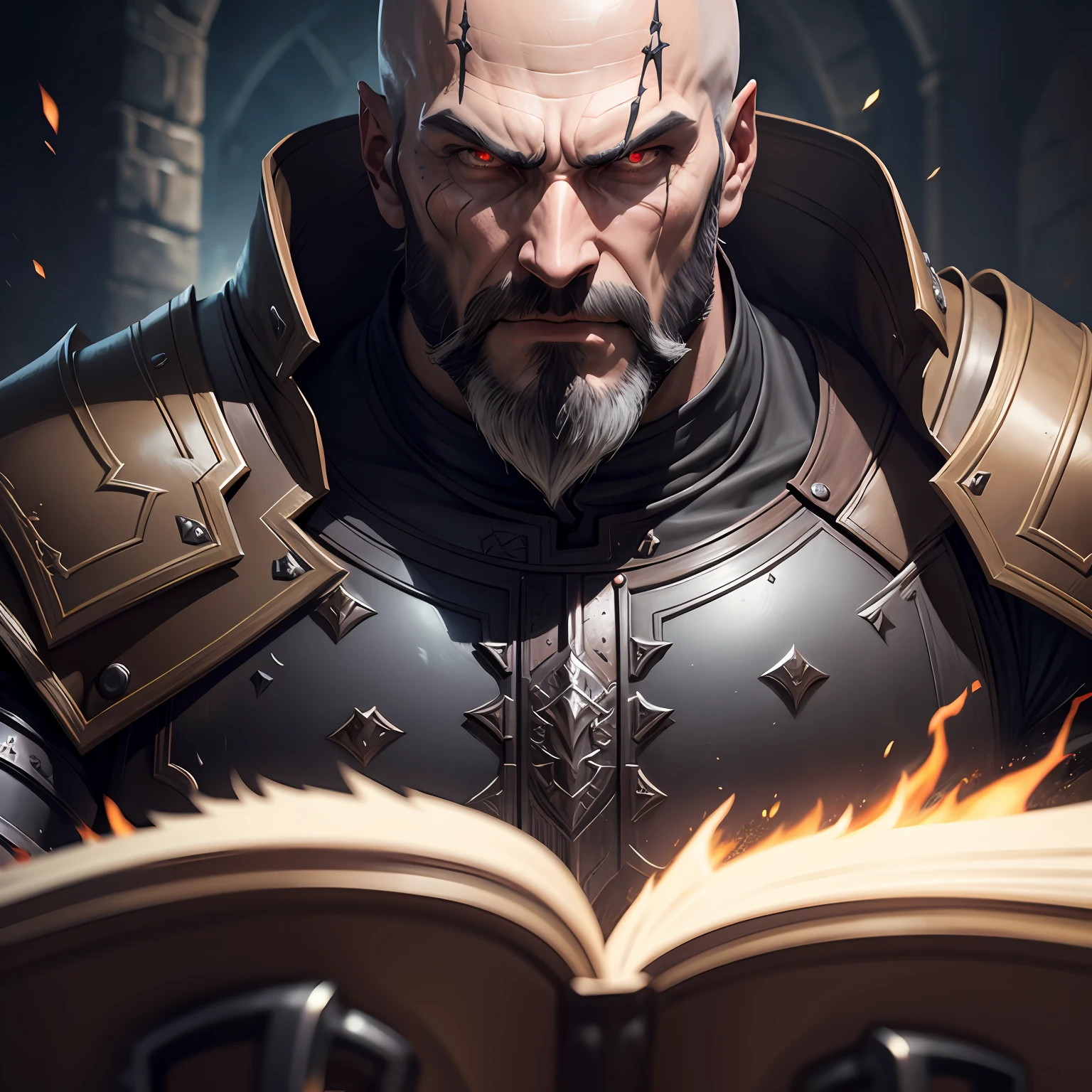 Castlevania Shadow Lord Bald Beard Handsome Warrior Full Leather Armor Porter Hyper Realistic Advertising Super Detailed Dynamic shot 3 Point Perspective Epic Legendary publicity