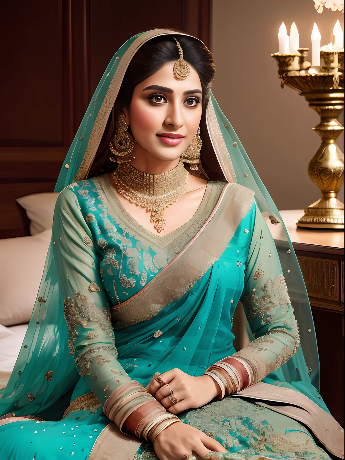 portrait of a 25 year most beautiful very busty women sitting on the bed, hd details of award show,HD makeup,hd details,hd render,realistic,hyper realistic,photograph,wearing a extreme embroidery pakistani traditional wedding dress with face veil,use multiple variations and color,create perfect sitting details,(full body view)(very tight shirt and fully torn jeans)(huge breast)(large breast)(round breast)