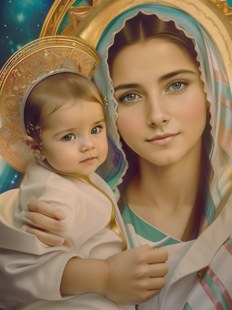 ((Blessed Virgin Mary. 19 years old))) ((( Con una cara seria y piadosa. Con una mirada dulce y tierna))) (obra maestra, calidad superior, mejor calidad, arte oficial, beautiful and aesthetic: 1.2), (1girl), extremadamente detallado, (Arte fractal: 1.3), colorido, highest detailed, Cara perfecta, parte superior del cuerpo, HDR, (orando: 1.3), (golden lines of white coat: 1.2), galaxia, (rayas de luz), eye-catching visuals, (dynamic stripes, senderos luminosos: 1.2), colores vibrantes,