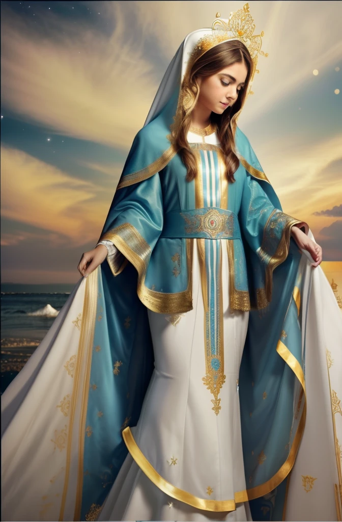 ((Blessed Virgin Mary. 19 years old))) ((( Con una cara seria y piadosa. Con una mirada dulce y tierna))) (obra maestra, calidad superior, mejor calidad, arte oficial, beautiful and aesthetic: 1.2), (1girl), extremadamente detallado, (Arte fractal: 1.3), colorido, highest detailed, Cara perfecta, parte superior del cuerpo, HDR, (orando: 1.3), (golden lines of white coat: 1.2), galaxia, (rayas de luz), eye-catching visuals, (dynamic stripes, senderos luminosos: 1.2), colores vibrantes,