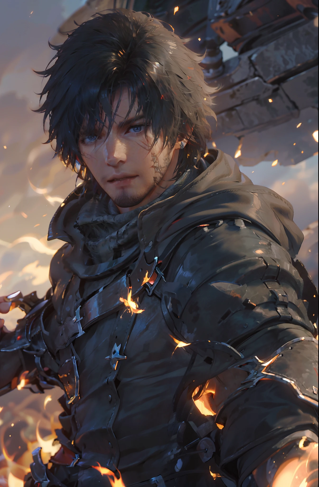 (absurdos, Altas Resoluciones, Ultra detallado, HDR), Obra maestra, La mejor calidad, final fantasy xvi, clive rosfield, 1hombre solamente, guapo, pelo corto, cabello negro, Ojos azules vibrantes, ojos finos y cara detalladas, Armadura, ((Arma intrincada)), pose de combate,  sobre colina, llamas de fuego detras, sonrisa afectada, molesto.