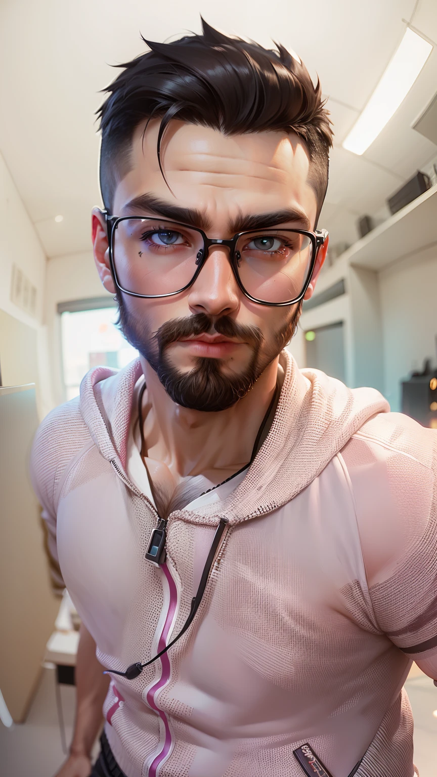 (masterpiece, best quality), 1boy, muscular, beard, cyberpunk, (blurry, bokeh, fisheye lens), night, looking at viewer, contrast, contrapposto, neon oversized jacket,
