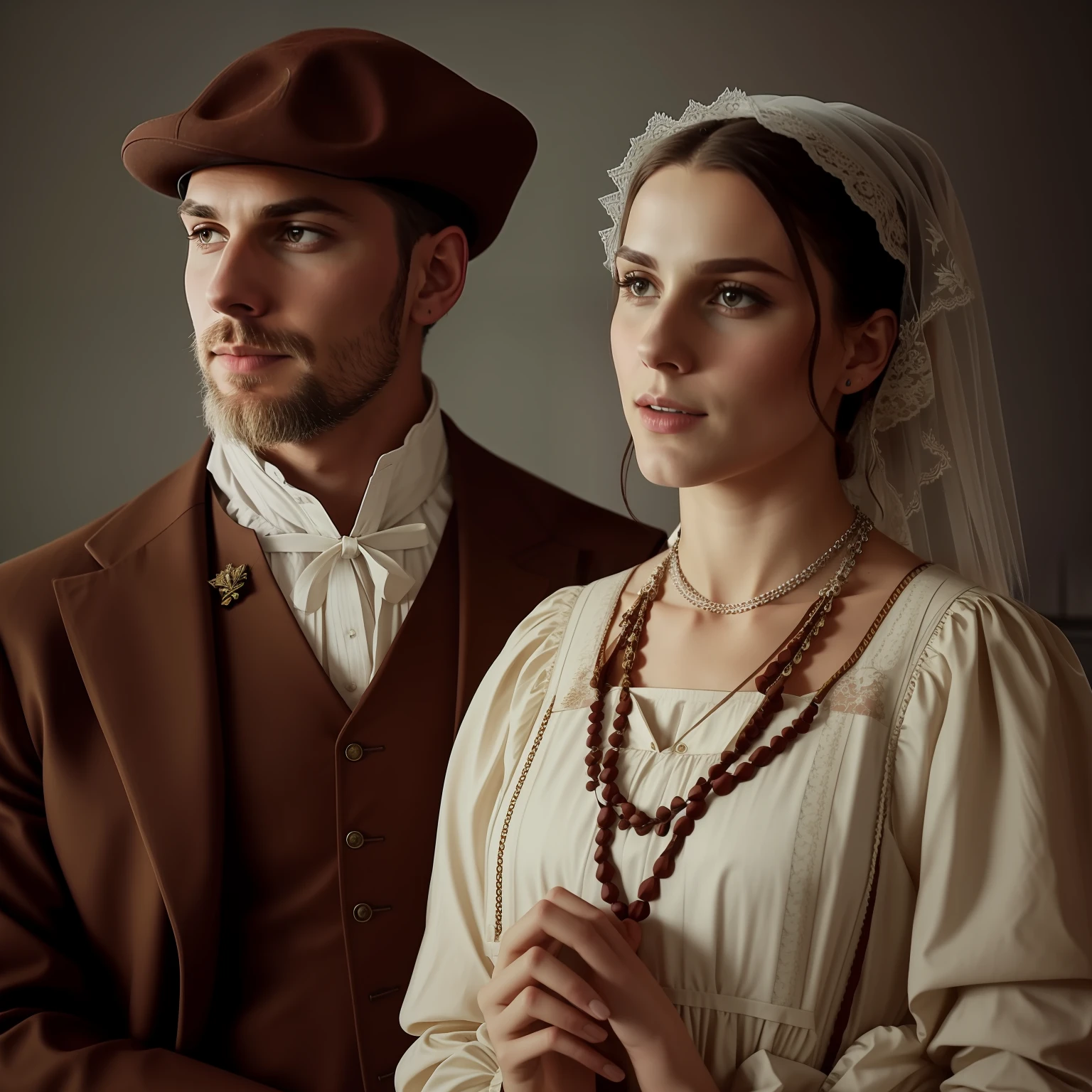 There is a man and a woman dressed in period clothes posing for a photo, Directed by: Antoni Brodowski, ambos vestindo roupas vitorianas, Directed by: Alexander Orlovsky, vestidos com roupas medievais, Directed by: Piotr Michalowski, Directed by: Tadeusz Pruszkówski, Directed by: Jakub Rozalski, Directed by: Laszlo Balogh