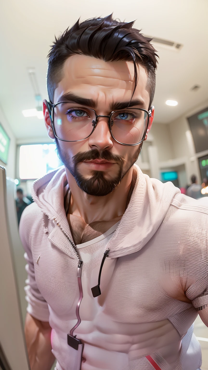 (masterpiece, best quality), 1boy, muscular, beard, cyberpunk, (blurry, bokeh, fisheye lens), night, looking at viewer, contrast, contrapposto, neon oversized jacket,