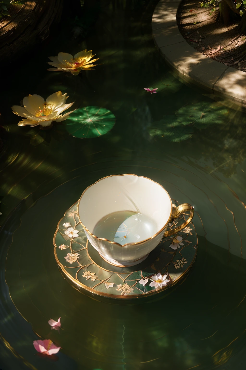 Main subject: ((Elegant porcelain cup)), ((intricate floral patterns)), ((golden rim))
Viewing angle: ((Top-down aerial view)), ((reflected in water))
Main feature: ((Photographically masterful)), ((captivating ambiance)), ((feeling of tranquility))
Inspiration/style: ((Cinematic realism)), ((rich colors)), ((lush textures))
Position in scene: ((Floating on calm lake))
Background/location: ((Mystical forest glade)), ((sunlight filtering through trees))
Scene composition: ((Cup surrounded by fallen petals)), ((subtle leading lines))
Lighting: ((Warm dappled sunlight)), ((subtle caustics on water)), ((gentle lens flare))
Post-processing: ((Deep color grading)), ((enhanced contrast)), ((8K resolution))
Reference/artist: ((Steve McCurry)), ((Ansel Adams)), ((Brooke Shaden))