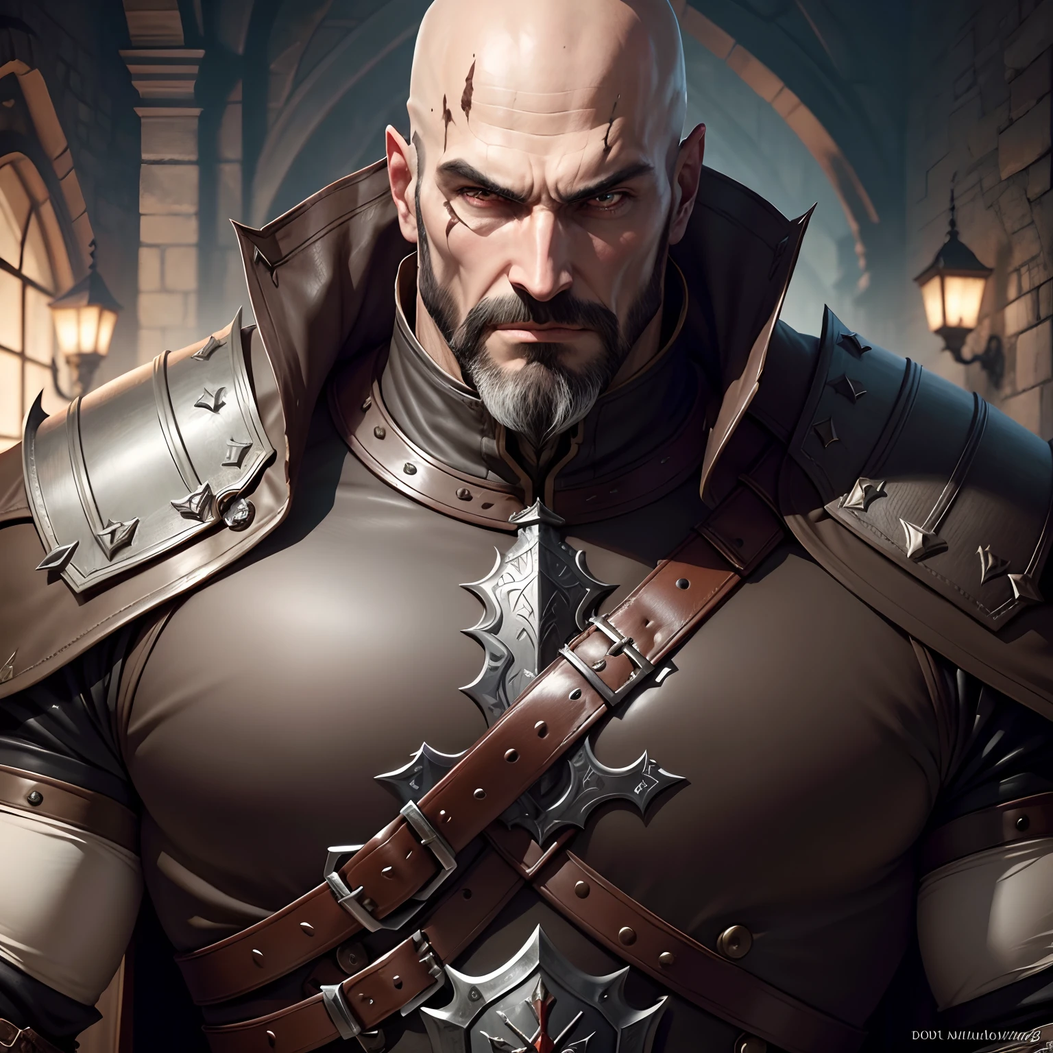 Castlevania Shadow Lord Bald Beard Handsome Warrior Full Leather Armor Porter Hyper Realistic Advertising Super Detailed