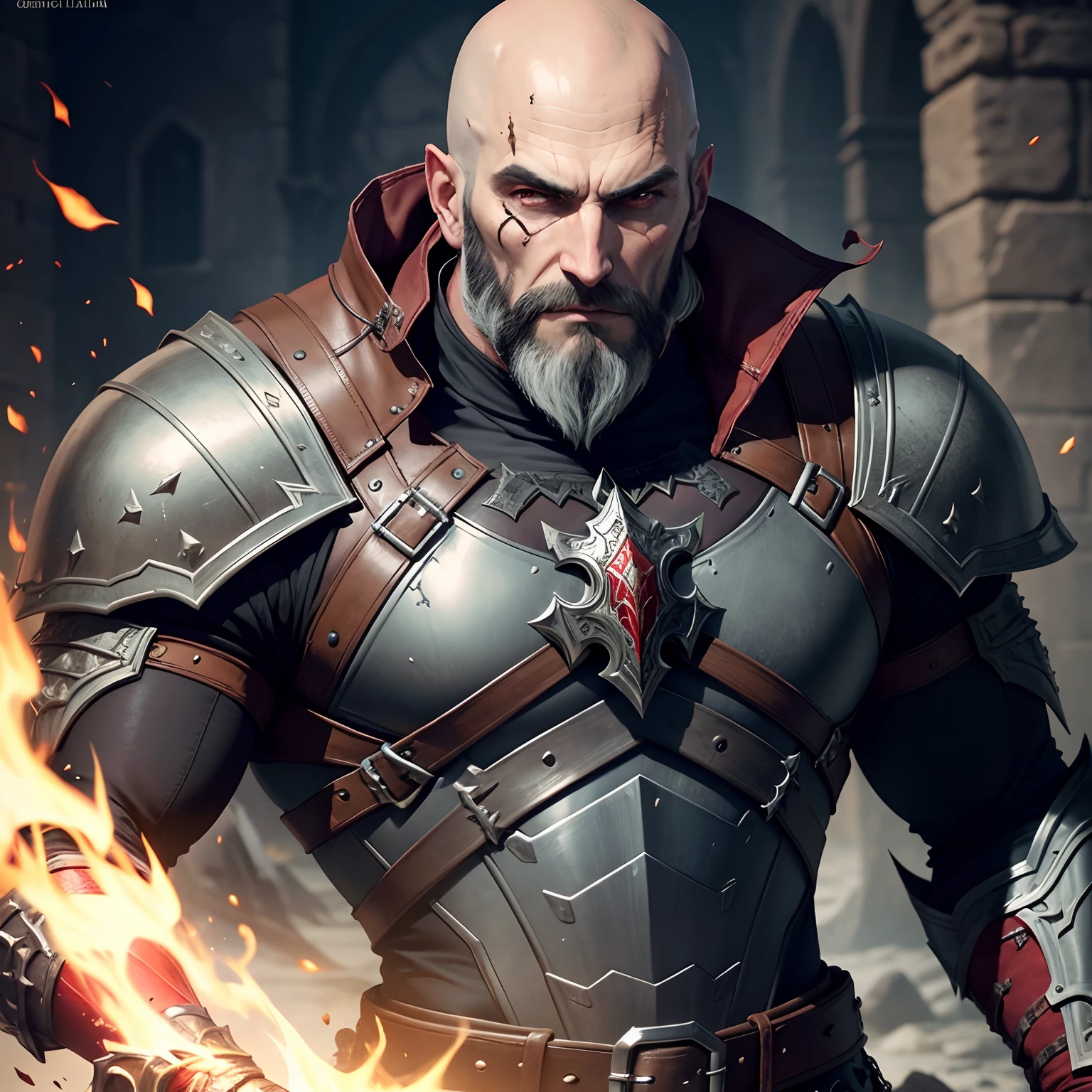 Castlevania Shadow Lord Bald Beard Handsome Warrior Full Leather Armor Porter Hyper Realistic Advertising Super Detailed