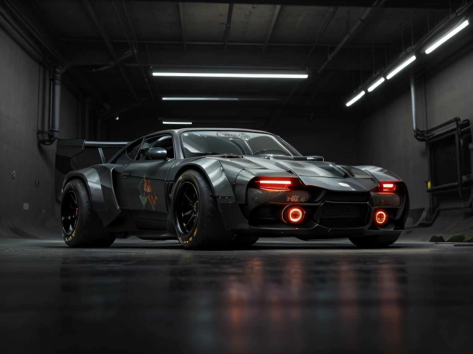 a 3/4 front view of ((futuristic cyberpunk hotrod zeekars)) (with glowing tires), next to ((gal gadot)), at the parking lot, sunset