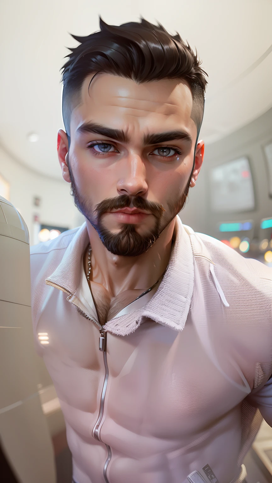 (masterpiece, best quality), 1boy, muscular, beard, cyberpunk, (blurry, bokeh, fisheye lens), night, looking at viewer, contrast, contrapposto, neon oversized jacket,