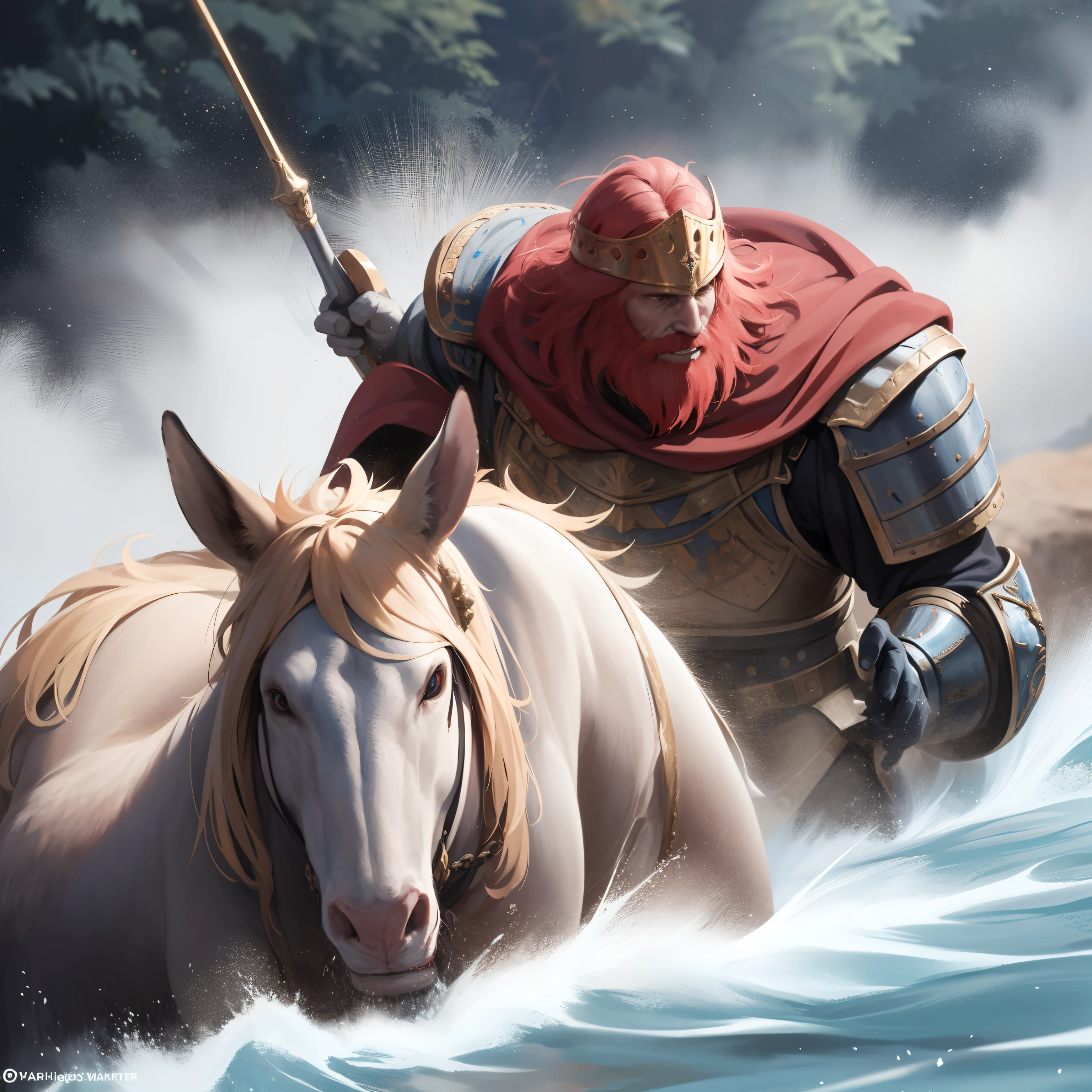 "Wide angle shot of a chaotic medieval battlefield, with Emperor Barbarossa tragically plunging into the rushing river. Mysterious and epic."