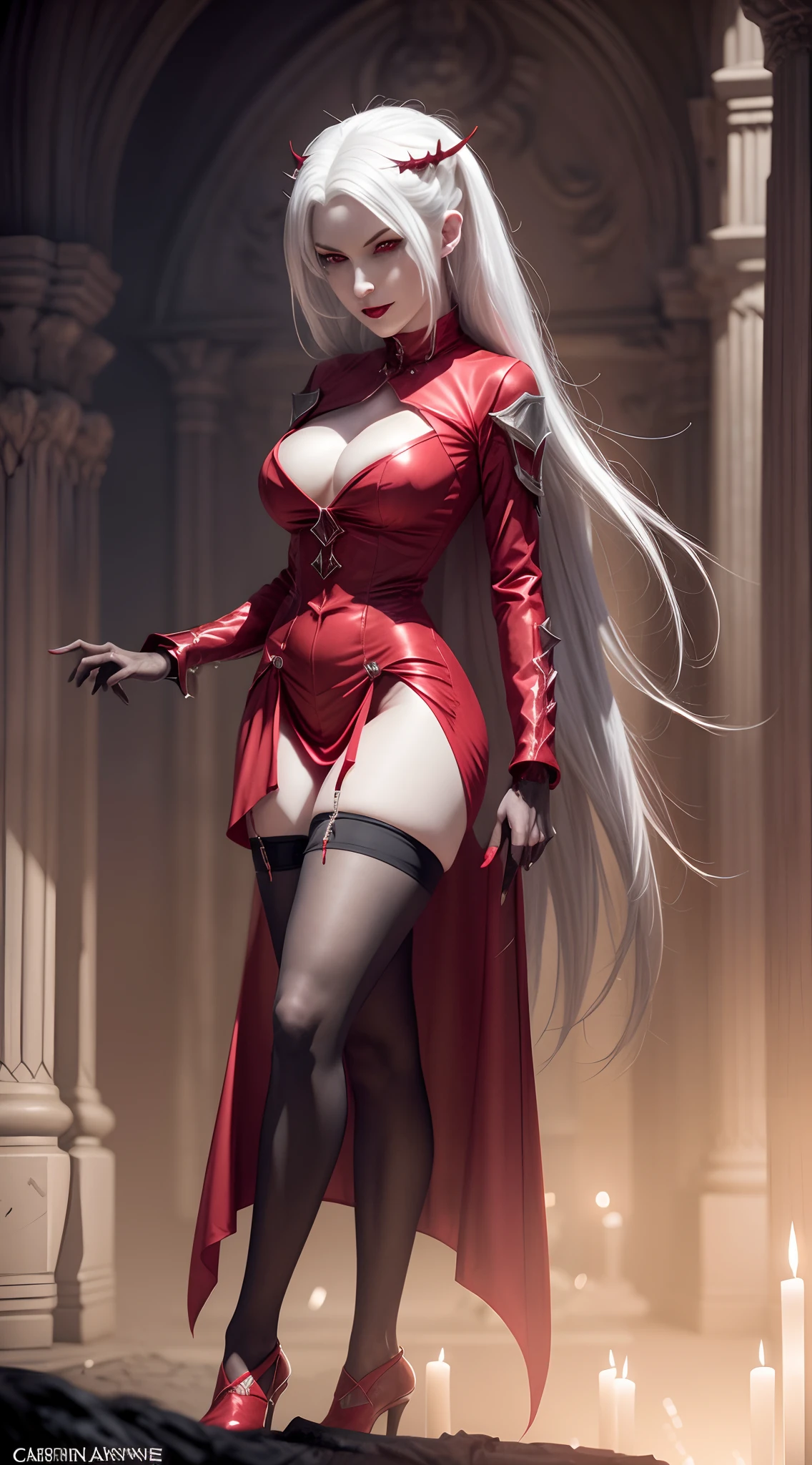 a vampire woman dressed in a red dress and stockings, smug, pale skin, (fangs), cushart krenz key art feminine, white haired deity, extremely detailed artgerm, , 8k high quality detailed art, vampire in tight short dress, goddess, beautiful alluring woman, batcave vibes, 2.5d cgi fantasy artwork