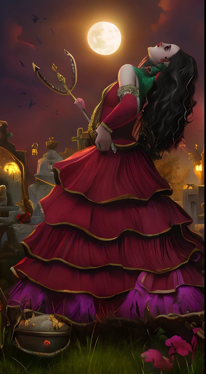 pintura de uma mulher em um vestido vermelho e roxo segurando uma foice, goddess of death in a graveyard, inspirado em Victor Mosquera, Folclore mexicano, color digital illustration, inspired by Angel Botello, O Catrina, inspirado em Jorge Jacinto, stylized digital illustration, Por Reyna Rochin, Dia de Finados:!!