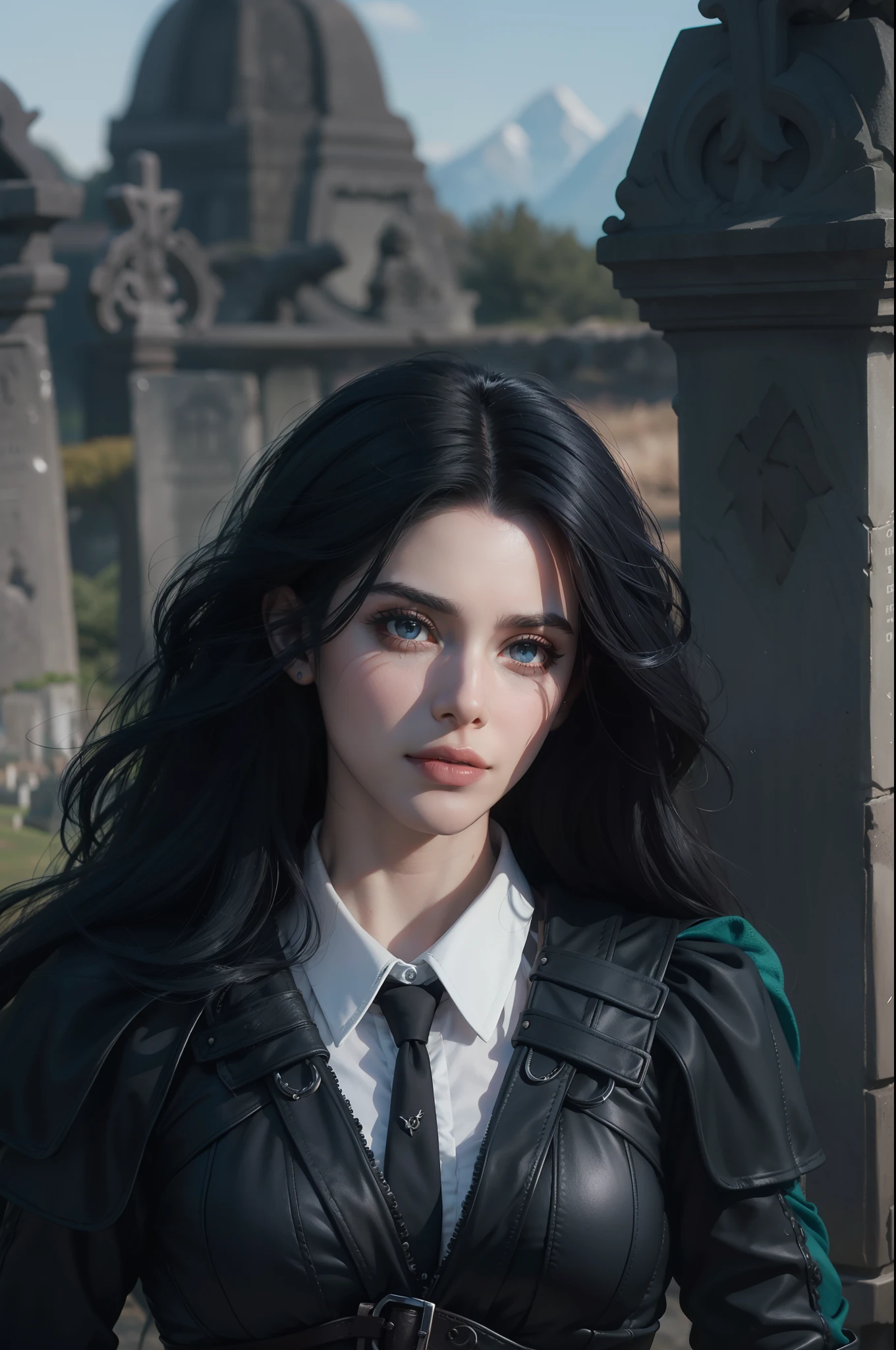 Beautiful woman reminiscent of Yennefer from The Witcher with long black hair and violet eyes bright as constellations, obra prima, ultra qualidade, 8k, cabelos caindo sobre seus ombros, in the background a cemetery, She's wearing a black suit and tie.........