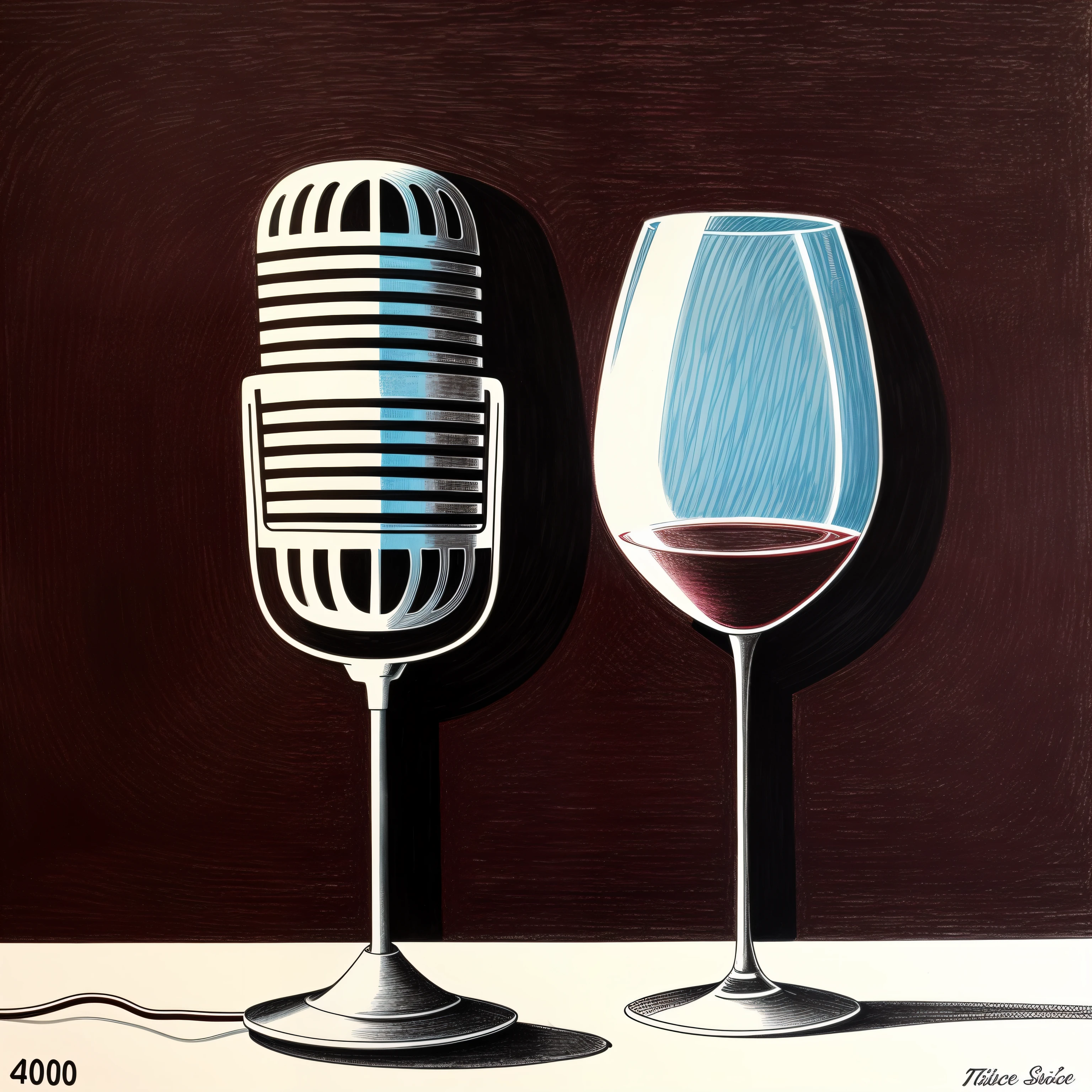 Microphone 40 years on the side a glass of wine style drawing
