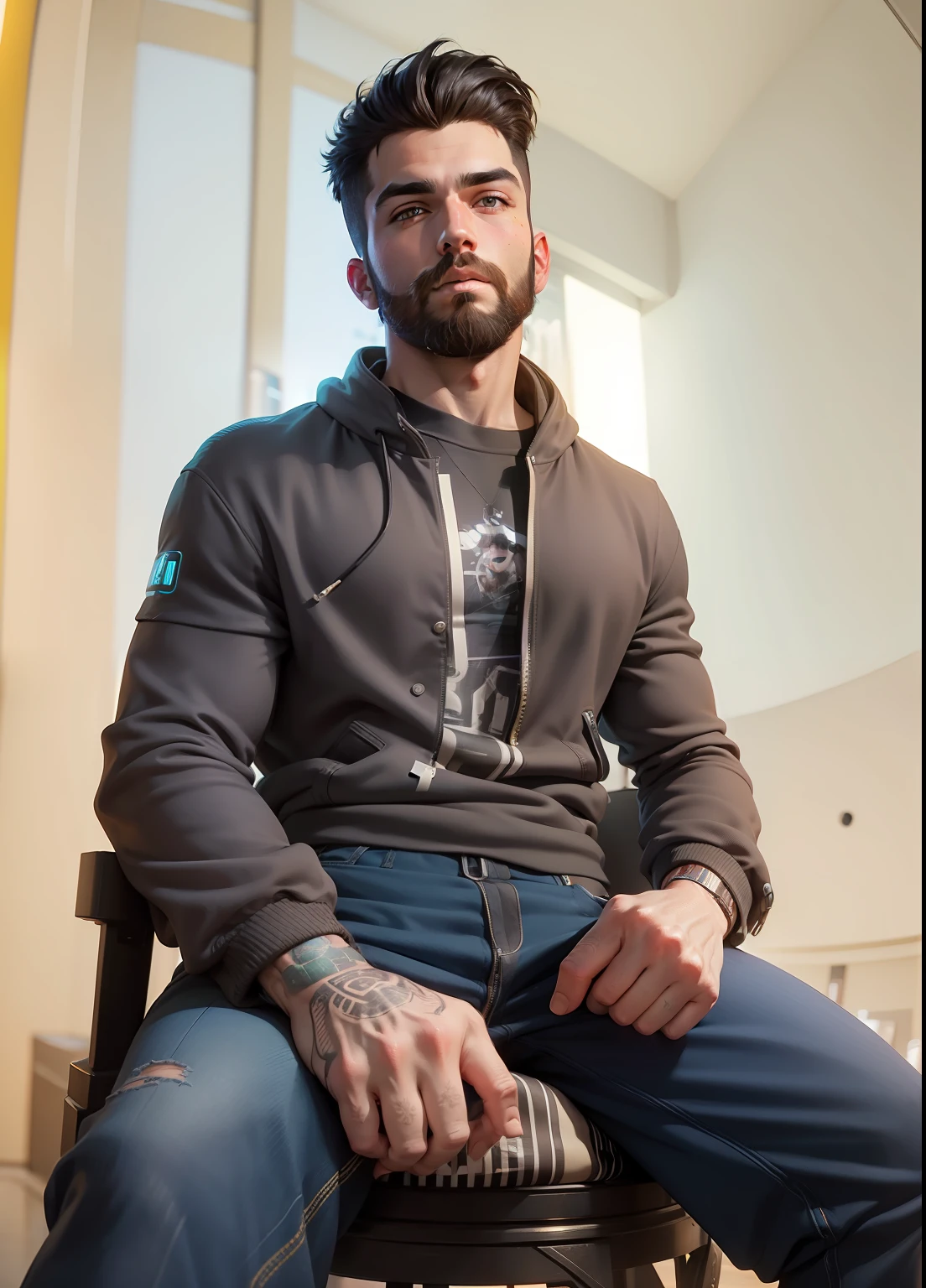 (masterpiece, best quality), 1boy, muscular, beard, cyberpunk, (blurry, bokeh, fisheye lens), night, looking at viewer, contrast, contrapposto, neon oversized jacket,