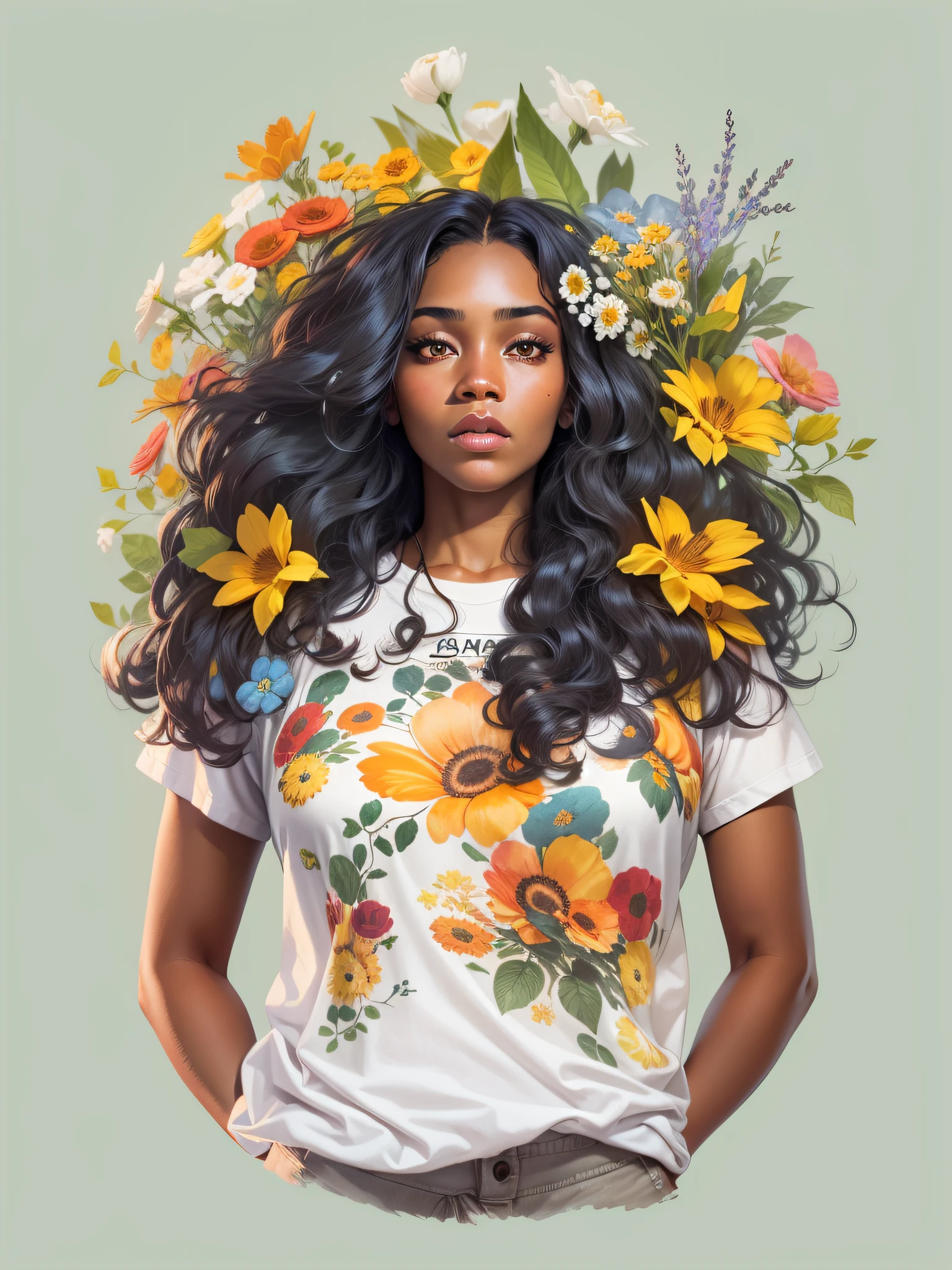 young Black woman, wearing bikini according to short flowers, with long black hair, surrounded by various flowers, realistic style image, surrounded by vibraprint ready vector T-shirt design, white background, side view, sticker, clean white background, professional vector, high detail, t-shirt design, vibrant.