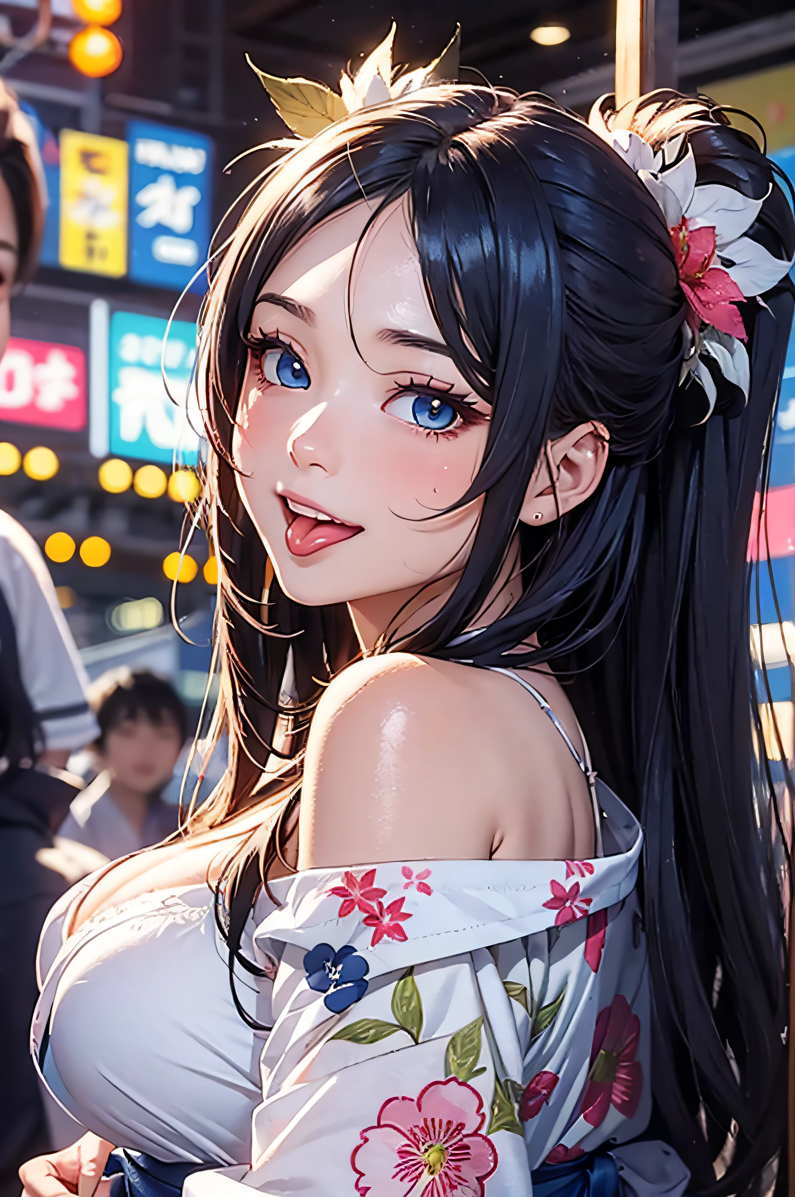 8K picture quality、top-quality、masutepiece、An ultra-high picture quality、ultra-detailliert、Ultra-realistic hair quality、Vibrant colors、Beautuful Women、Beautiful long hair、Shiny hair、detailed hairs、blue hairs、poneyTail、Blue eyes、shinny skin、Lace underwear、Very gigantic-breasts、Sweat on the forehead and cheeks、extremely big ass、Fluffy off-shoulder yukata、A smile、pink tongue、Ultra-realistic flesh feeling、Red cheeks、summer festival in background