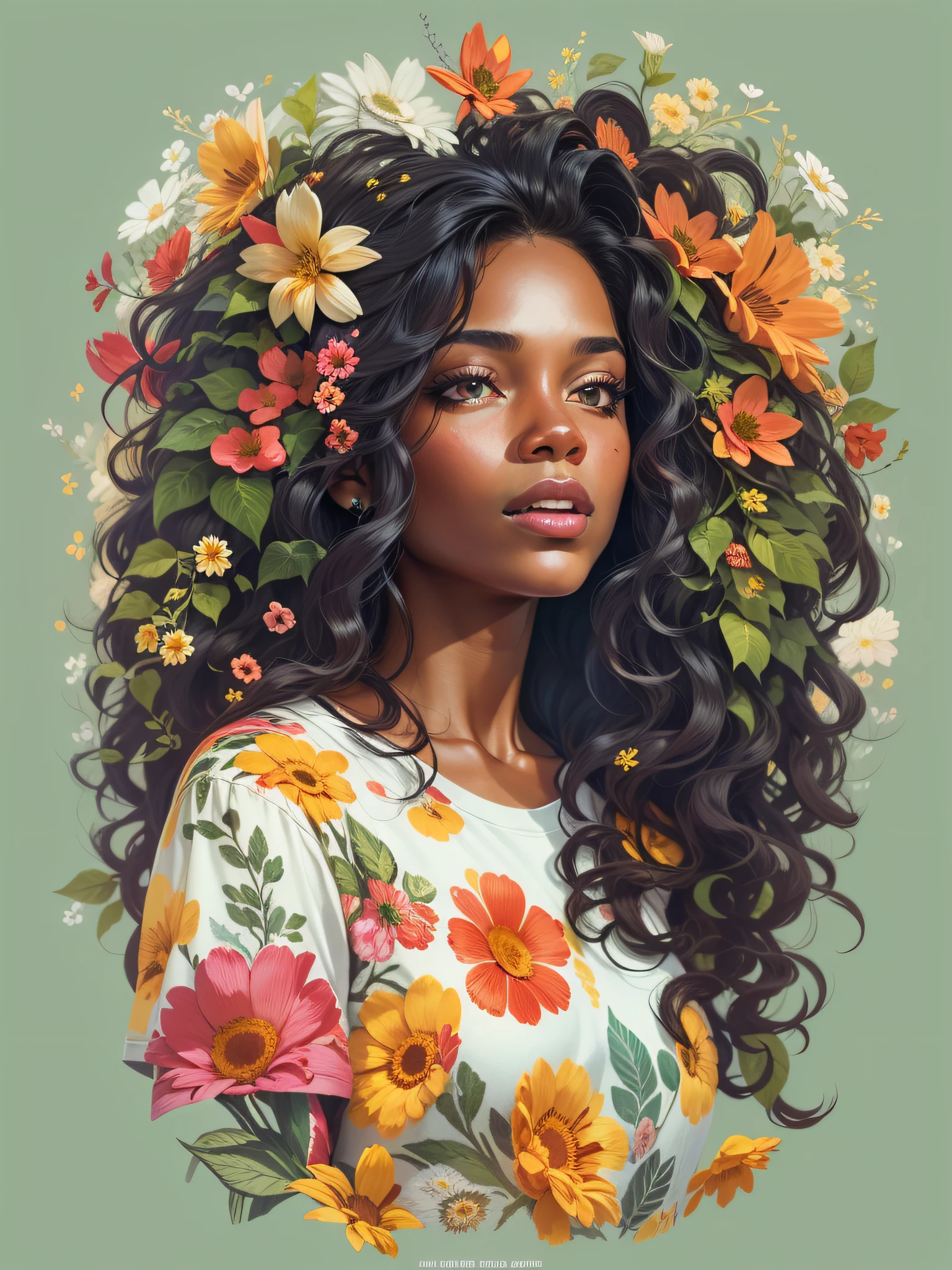 Black woman, young, ultrarealistic, thin face, with curly hair, face, light eyes, beautiful, big lips, with the many flowers adorning her hair without mixing nature --auto --s2