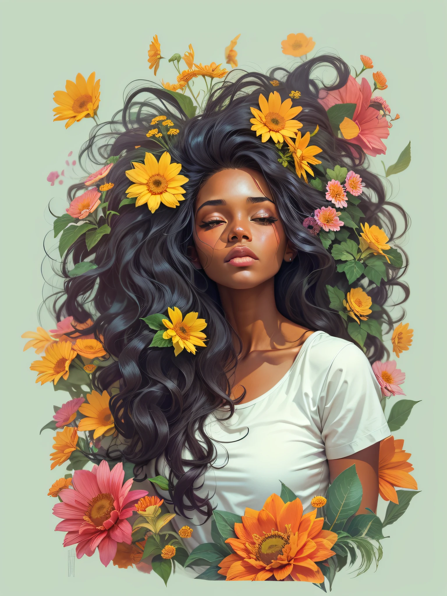 (anime style ) African American woman without clothes sunbathing under a tree in the middle of a sunflower field