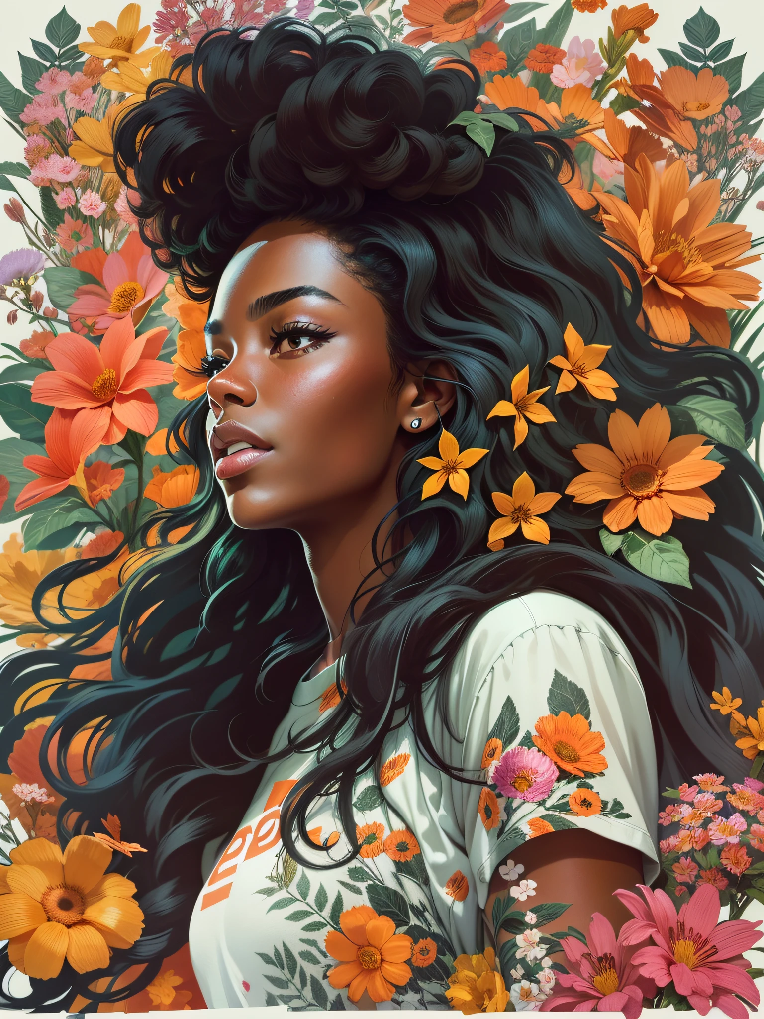 black woman with long wavy hair, wearing may according to short flowers, with long black hair, surrounded by various flowers, realistic style image, Surrounded by Vector VibraPrint Ready t-shirt design, white background, side view, label, clean white background , professional vector, very high detail, t-shirt design, vibrant.