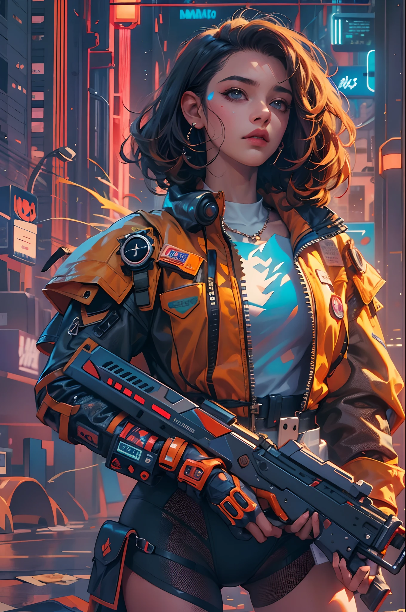 Princesa bonita, cyberpunk, vestida com armadura, Medium sized sword wielding, cabelo laranja curto, hiper realista, rosto bem detalhado, cores vivas, dramatic colors, vaporwave, retrowave, colorido, artódromo, extremamente detalhado, 80000k
