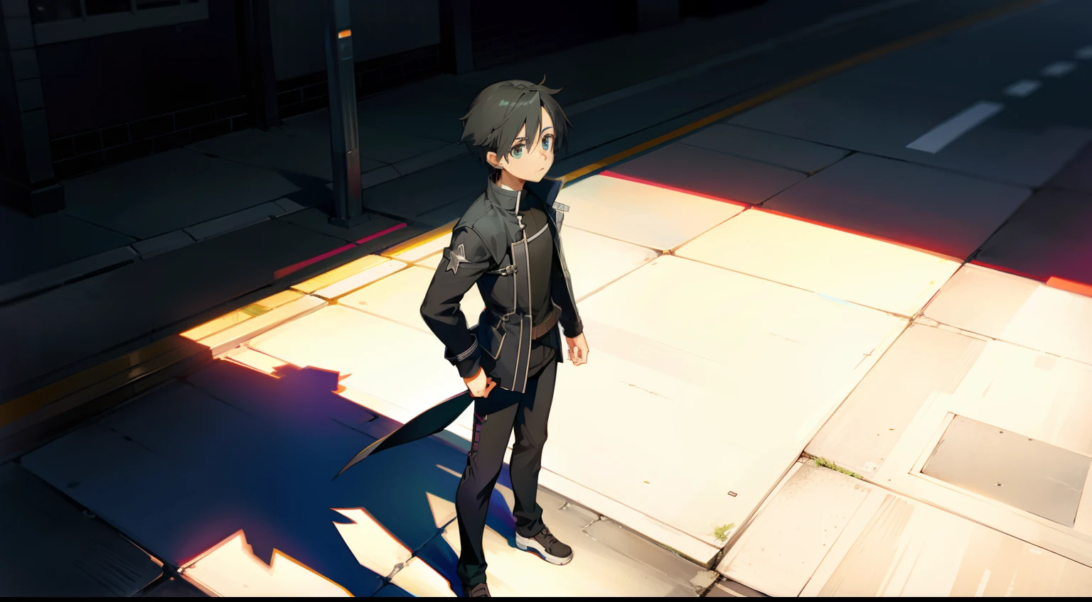 Kirito standing on the sidewalk